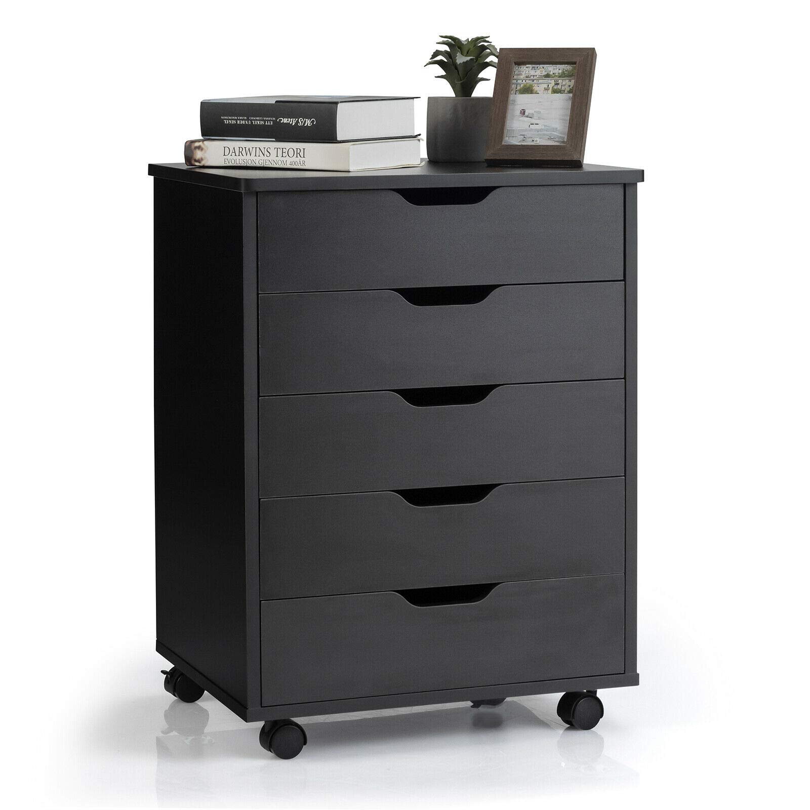 Black 5-Drawer Rolling Storage Dresser with 360° Swivel Wheels & Smooth Slides - Organize Files, Books, Cosmetics & Office Supplies | Perfect for Bedroom, Office & Dorm Storage Solutions