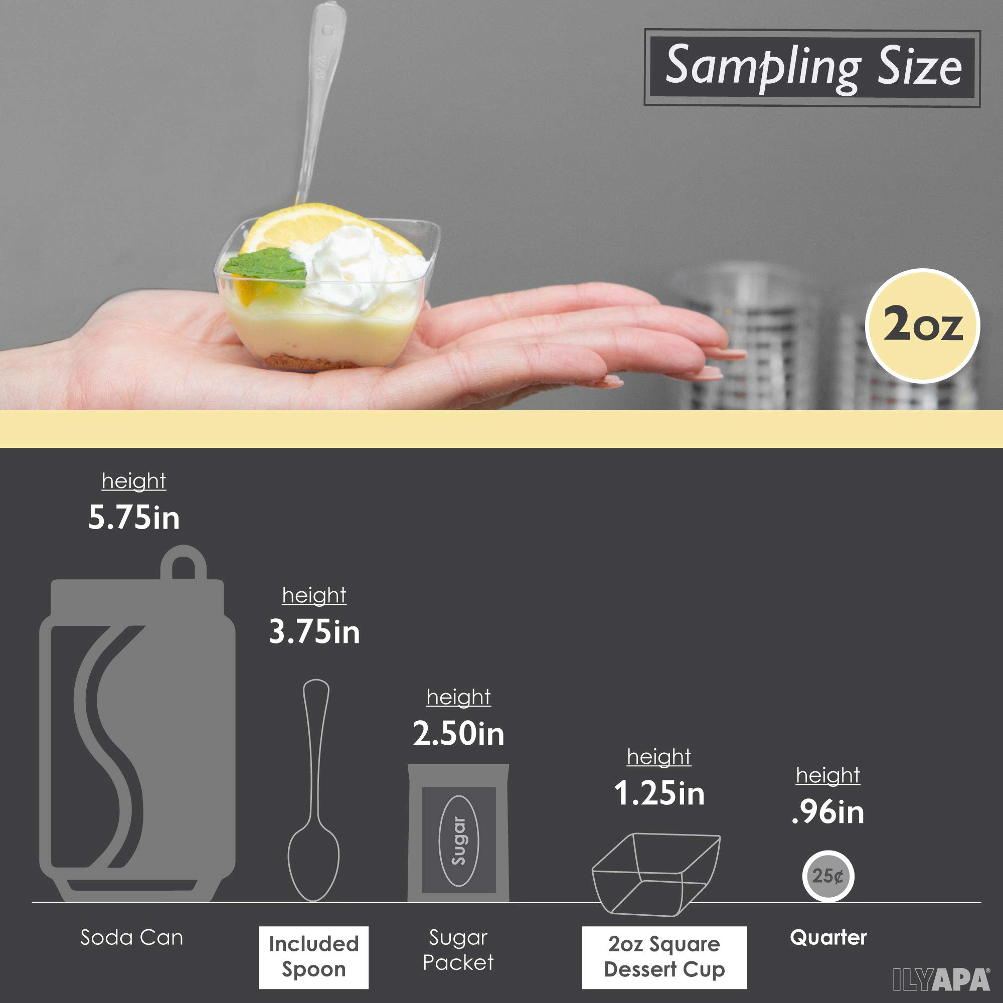 Ilyapa 2oz Clear Plastic Dessert Cups with Spoons - 100 Pack Reusable Mini Appetizer Containers for Cheesecake Shooters, Chocolate Mousse, Parfait - Perfect for Parties, Catering, Weddings & Dessert Bars - Square Small Disposable Cups