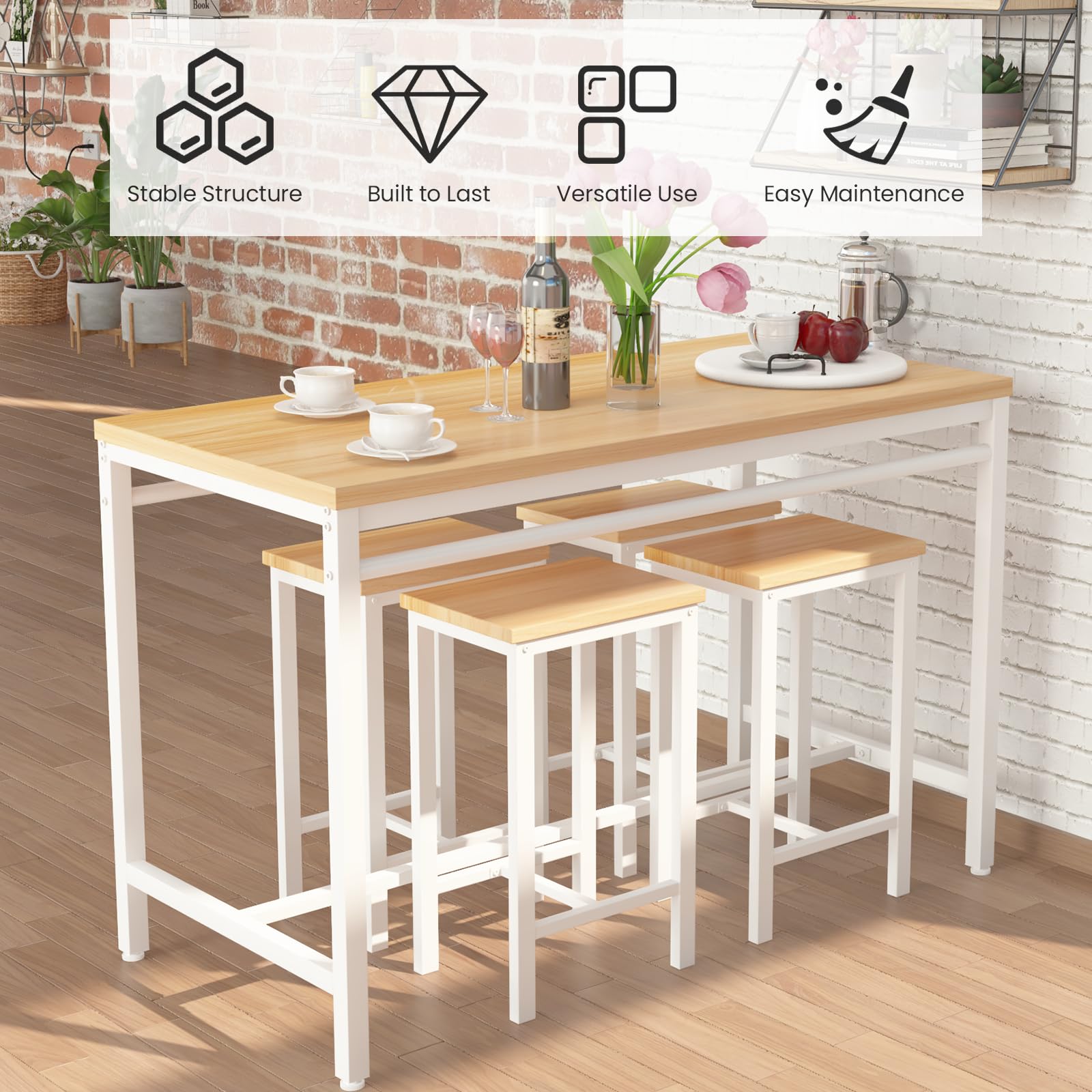 AWQM 5-Piece Beige Wooden Counter Height Dining Table Set with 4 Bar Stools - Compact Kitchen Breakfast Nook & Small Space Pub Table for 4 People - Perfect for Apartments, Condos, and Cozy Home Decor
