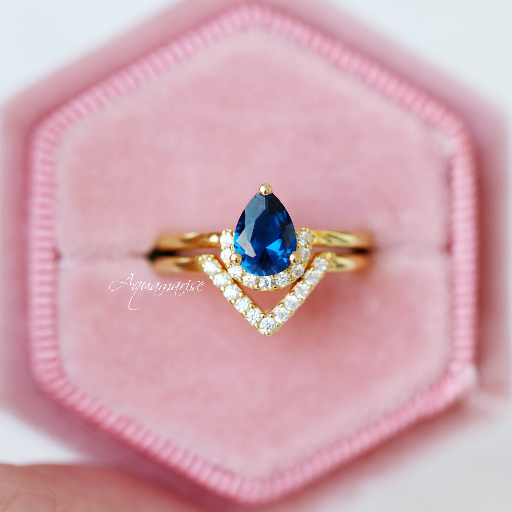 14K Yellow Gold Vermeil Aria Sapphire Ring Set - Elegant Jewelry for Women, Perfect for Engagement, Wedding, Anniversary & Special Occasions