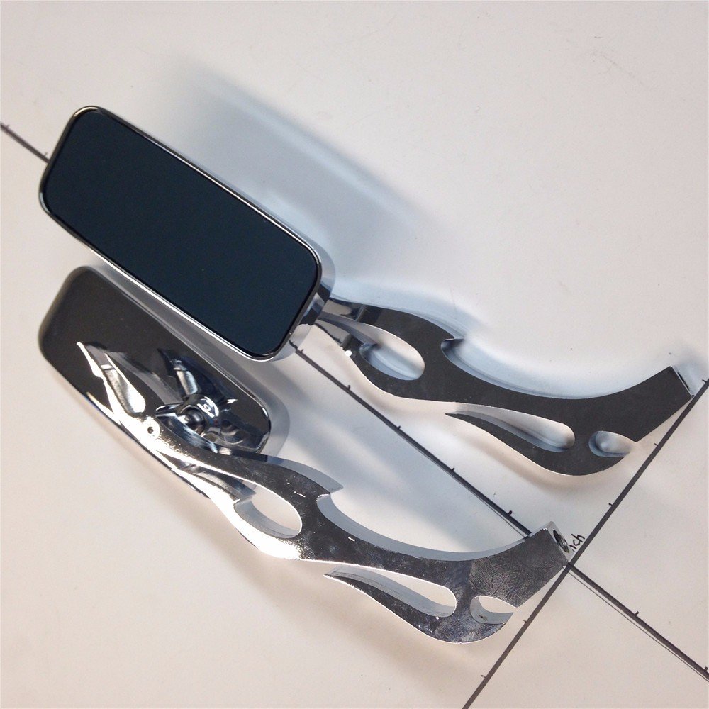 Custom Chrome Flame/Fire Stem Rectangular Mirrors - Compatible with Harley Softail, Fat Boy, Road King & More - Perfect for Motorcycle Safety & Custom Bike Upgrades