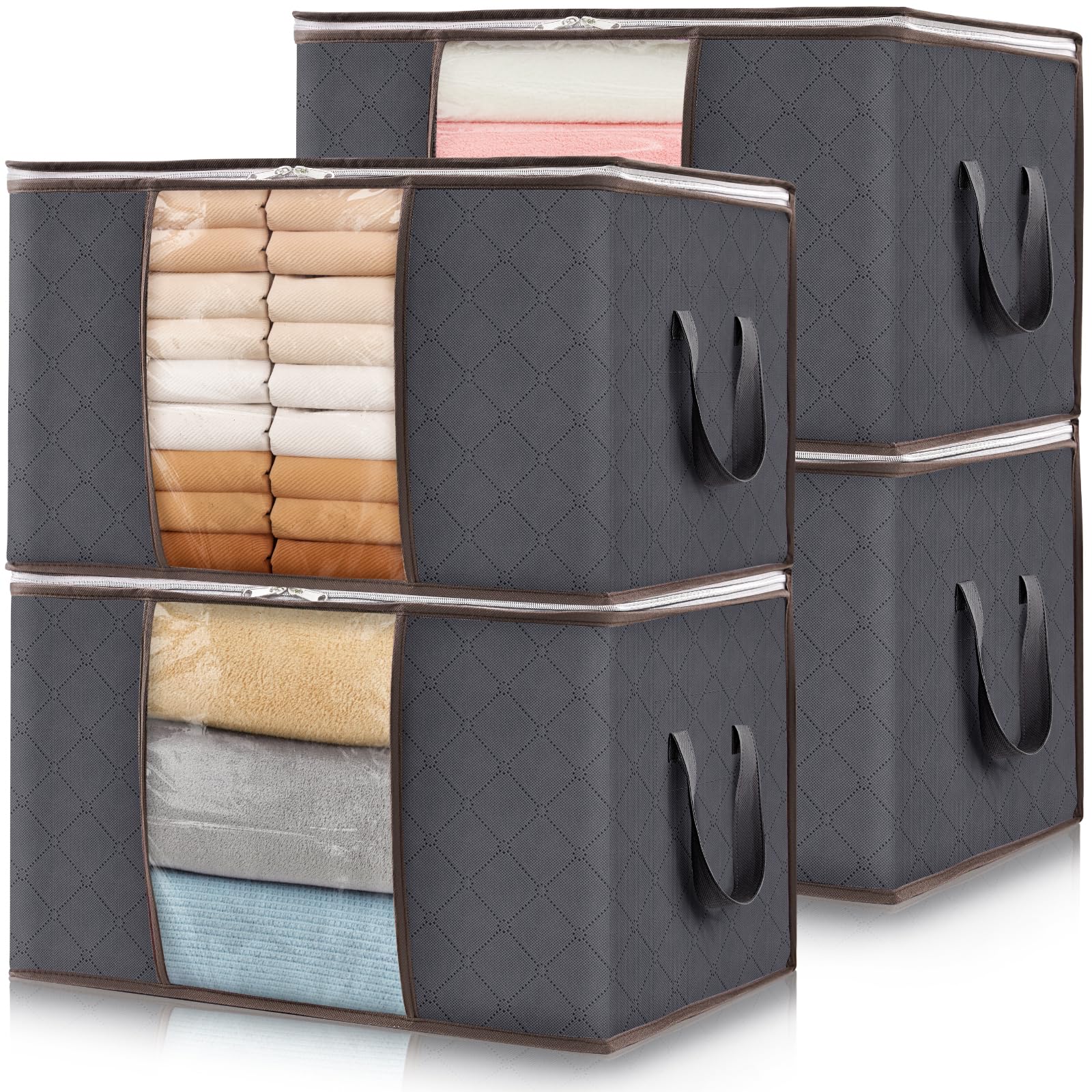 Lifewit 4-Pack Foldable Storage Bins with Lids & Clear Windows - Reinforced Handles for Clothes, Blankets, Bedding Organization - Perfect for Closet, Home & Travel Storage (Gray)