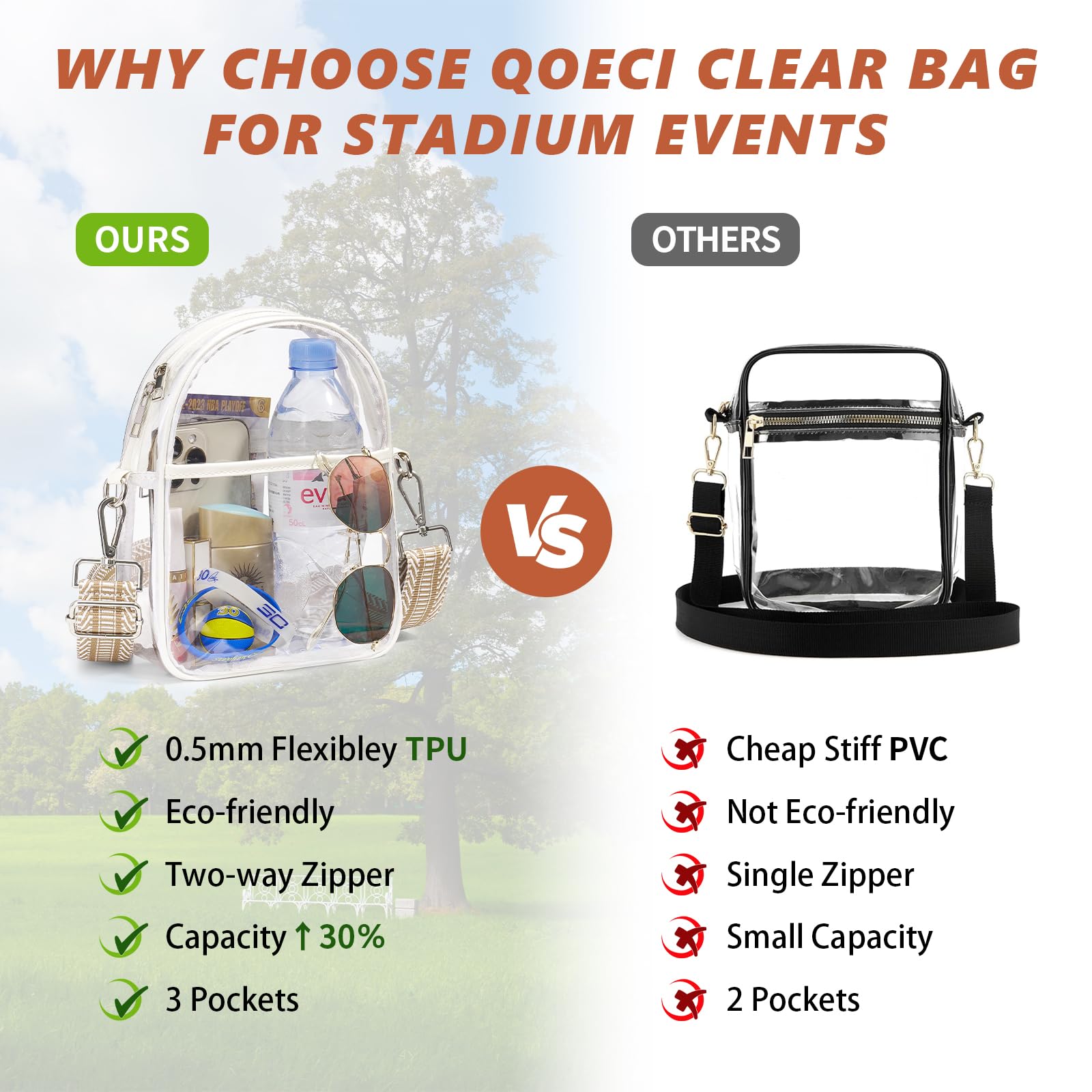 QOECI Clear Crossbody Bag for Women - TPU Stadium Approved Purse with 2 Extra-Long Straps | Perfect for Concerts, Festivals, Sporting Events & Travel Security Checks