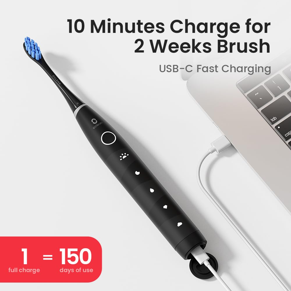 Oclean Electric Toothbrush for Adults - 150 Days Battery Life, USB Rechargeable Sonic Toothbrush with 6 Brush Heads & Travel Case - 5 Cleaning Modes & Smart Timer - Perfect for Travel, Home & Daily Oral Care
