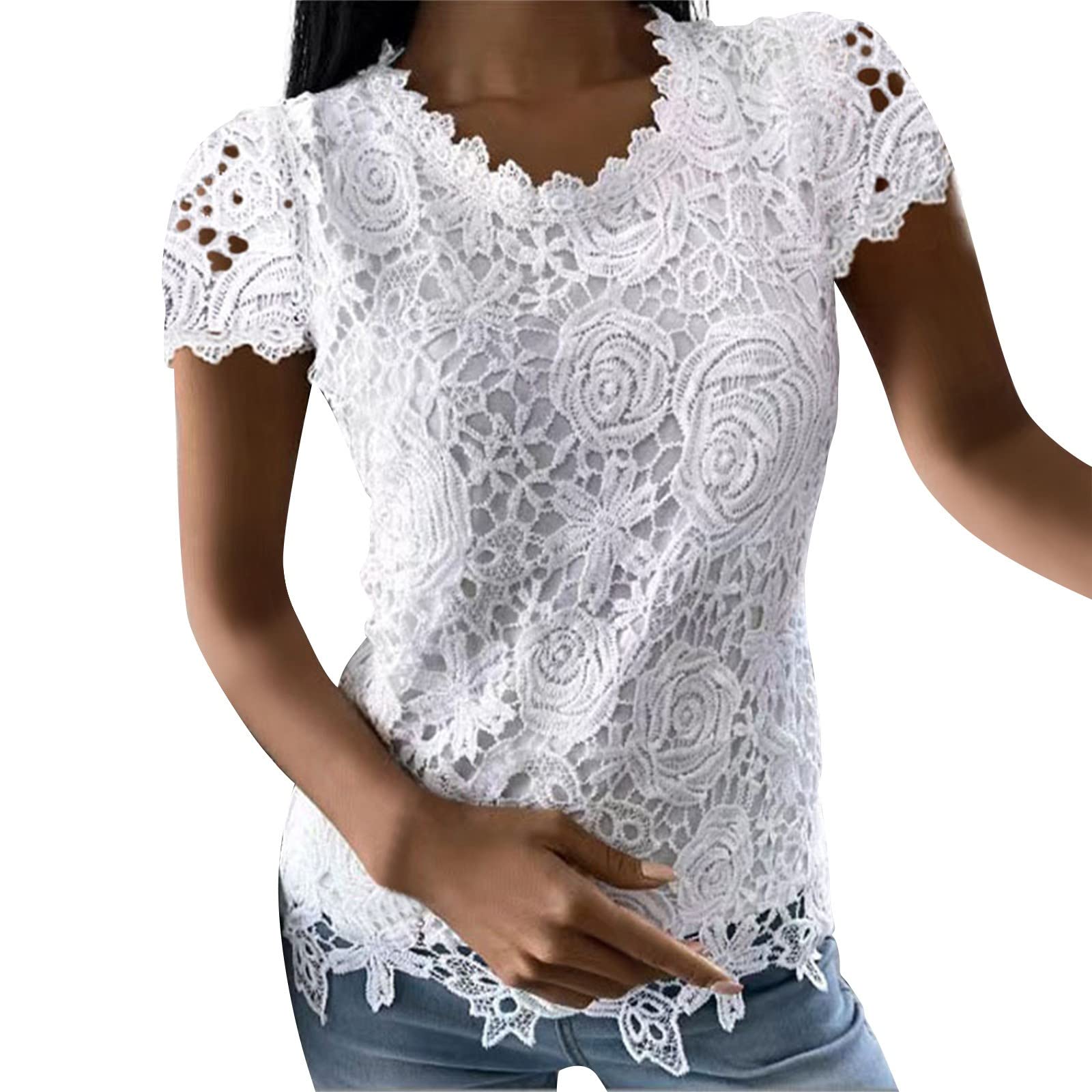 Women's Sexy Lace Crochet Double Layer Loose Round Neck Short Sleeve Top - White XL | Boho Chic Summer Blouse for Beach, Date Night & Casual Outfits