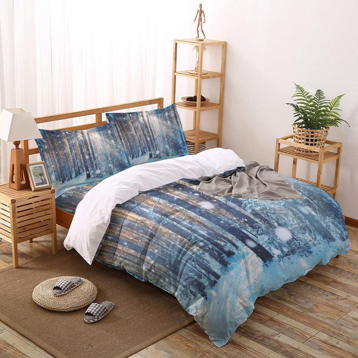 4 Piece Luxury Queen Size Duvet Cover Set - Winter Dreamy Forest Snowy White with Golden Sunlight & Falling Snowflakes Design - Ultra Soft Bedding Set Includes 1 Duvet Cover, 1 Fitted Sheet & 2 Pillowcases - Perfect for Cozy Winter Nights & Bedroom Decor