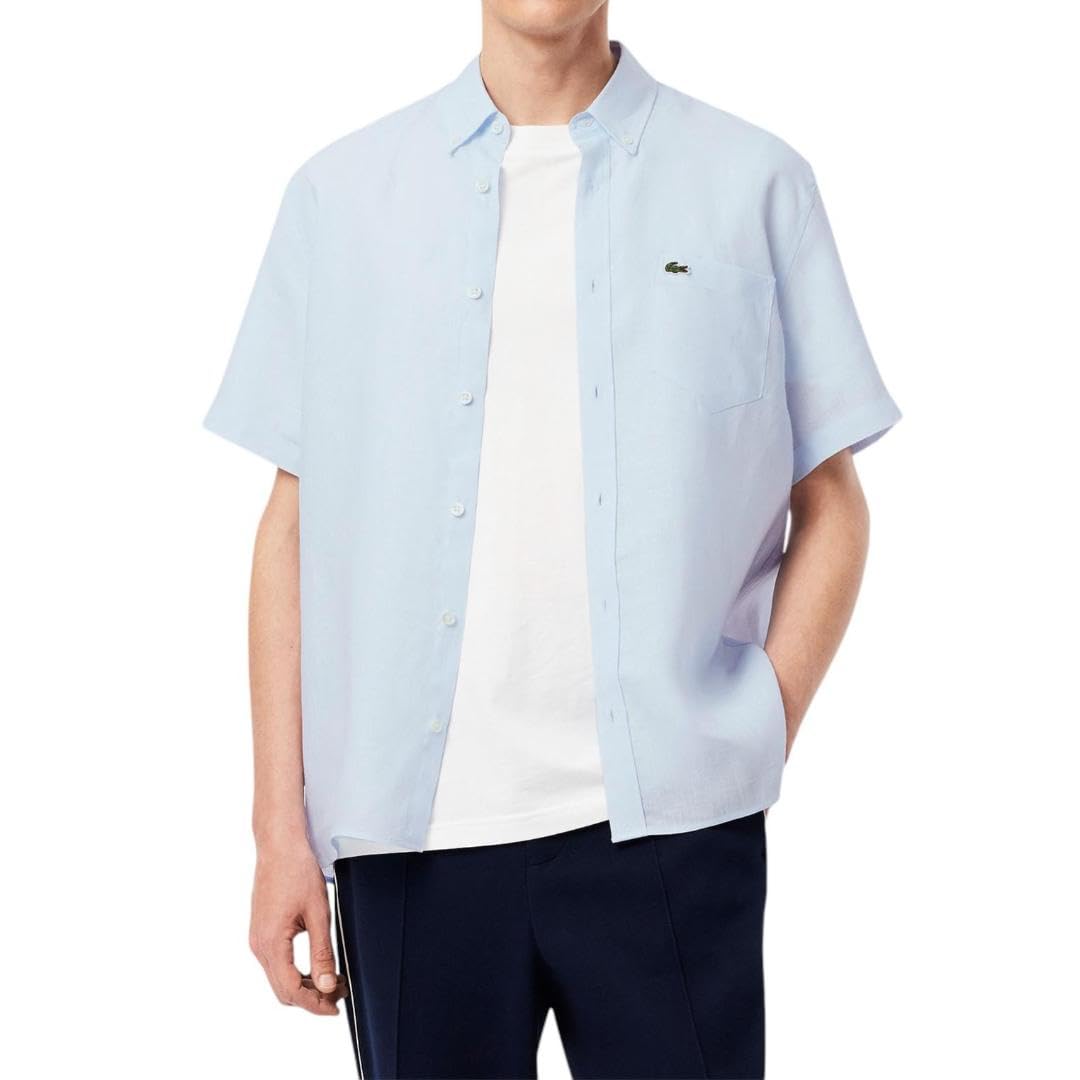 Lacoste Men's Short Sleeve Linen Button Down Shirt - Classic Regular Fit with Front Pocket | Casual Summer Wear, Office & Outdoor Activities