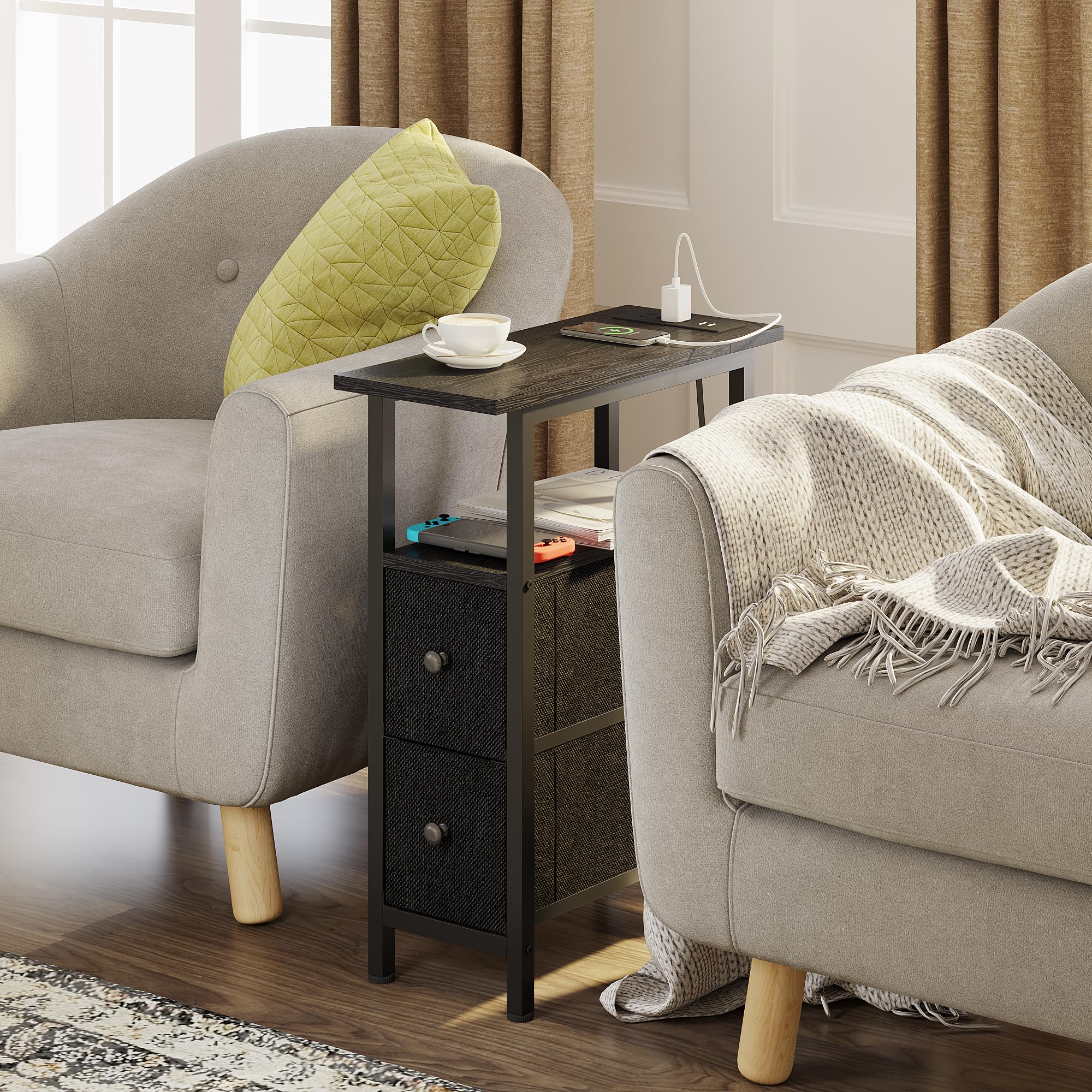 Slim Narrow End Table with USB Charging Station & LED Light - 2 Fabric Drawers Nightstand for Bedroom, Living Room - Space Saving Small Side Table for Apartments, Dorms (Black) | Perfect for Bedside Organization & Modern Home Decor