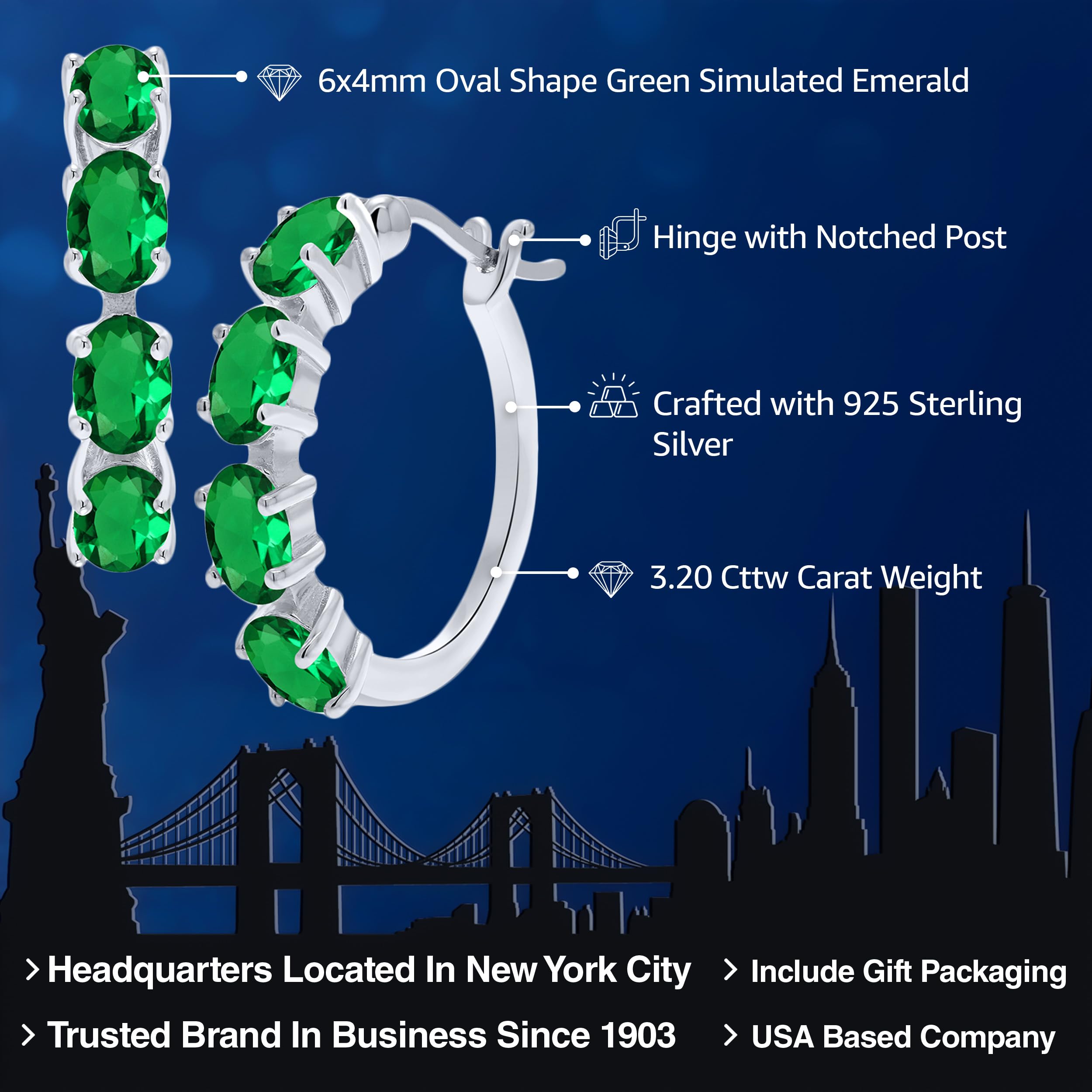 Gem Stone King 925 Sterling Silver 6X4MM Oval Gemstone Birthstone Hoop Earrings for Women - 22MM (0.85 Inch) Fine Jewelry Gifts for Her, Mom, Wife - Perfect for Birthdays, Anniversaries & Everyday Wear