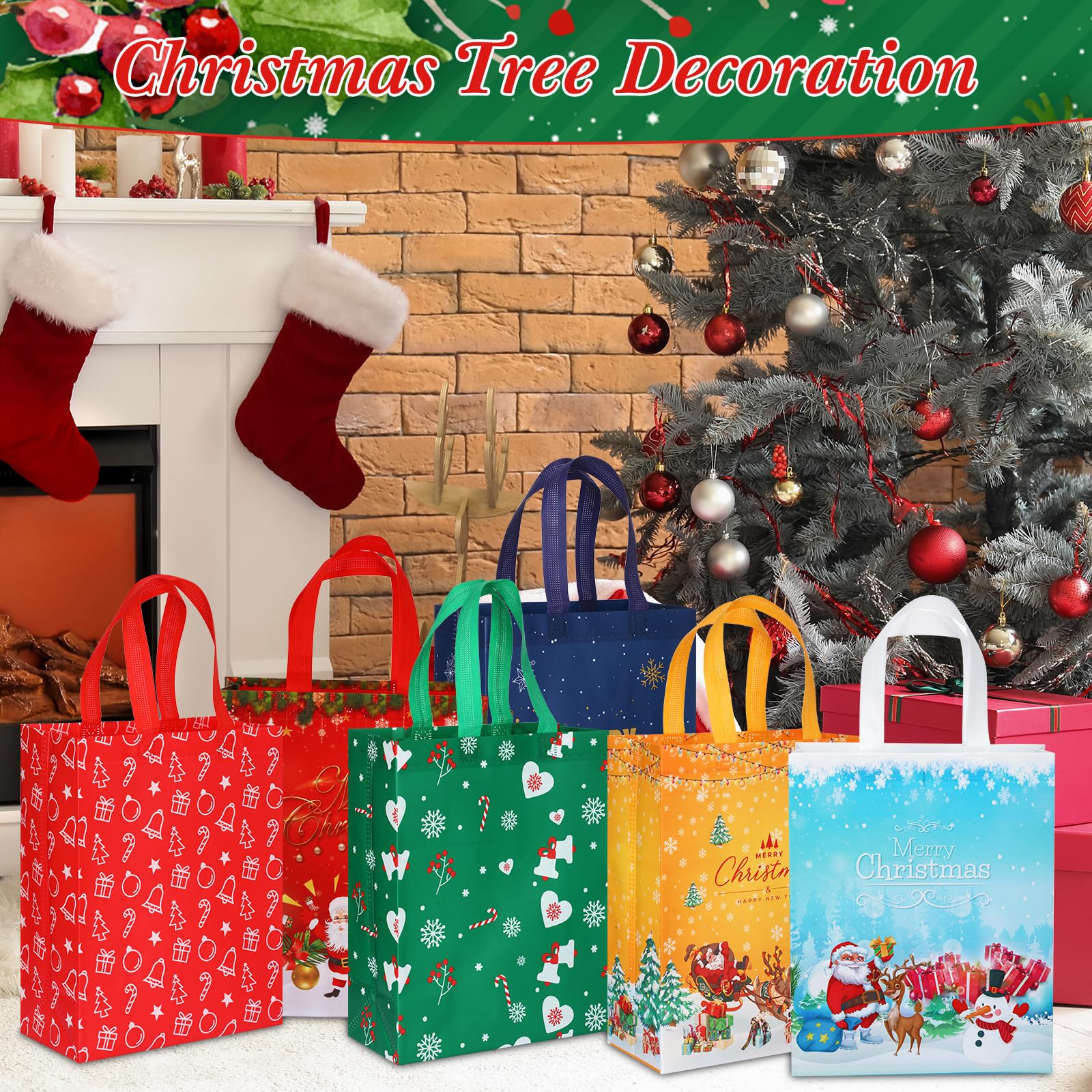 60 Pack Christmas Gift Bags Bulk - Reusable Holiday Tote Bags with Handles for Xmas Treats, Party Favors & Shopping - Non-Woven Festive Gift Bags for Christmas, Holidays & Special Occasions