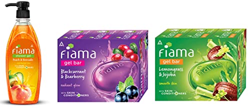 Fiama Peach & Avocado Shower Gel & Body Wash - 500ml Pump Bottle for Soft Moisturized Skin | Blackcurrant Bearberry & Lemongrass Jojoba Soap Bars 125g (3-Pack Each) - Perfect for Daily Shower Routine & Spa-Like Bath Experience
