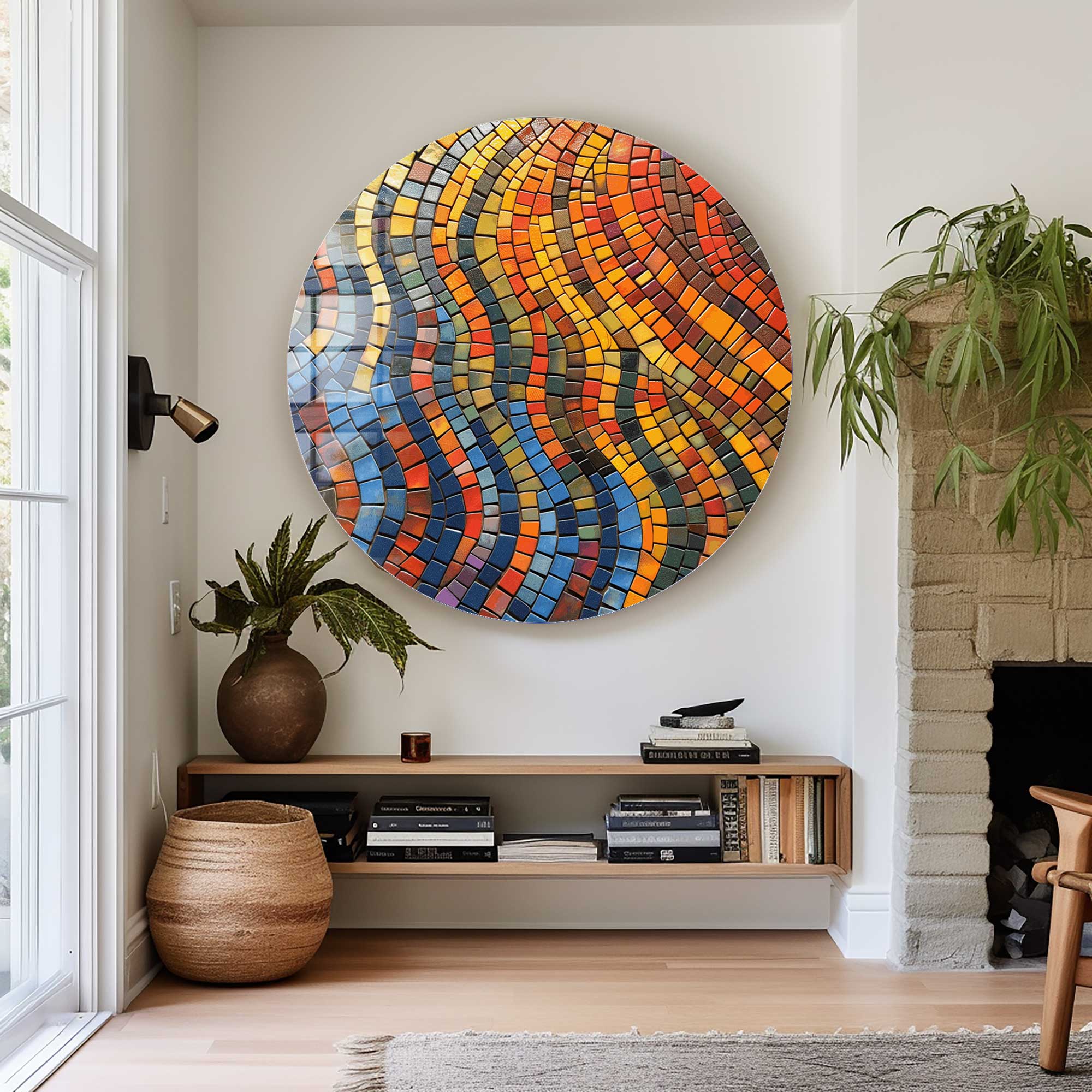 Modern Mosaic Circles Rounded Glass Wall Art - Handmade Home Decor for Living Room, Bedroom & Office