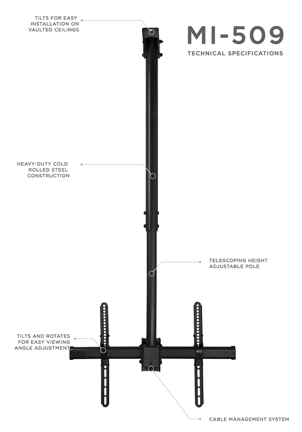 Mount-It MI-509L Black Ceiling TV Mount for 40-70 Inch Flat Screen TVs - Adjustable Height, Tilt & Swivel Bracket with VESA 600x400 Support - Perfect for Vaulted Ceilings in Living Rooms, Bedrooms & Home Theaters