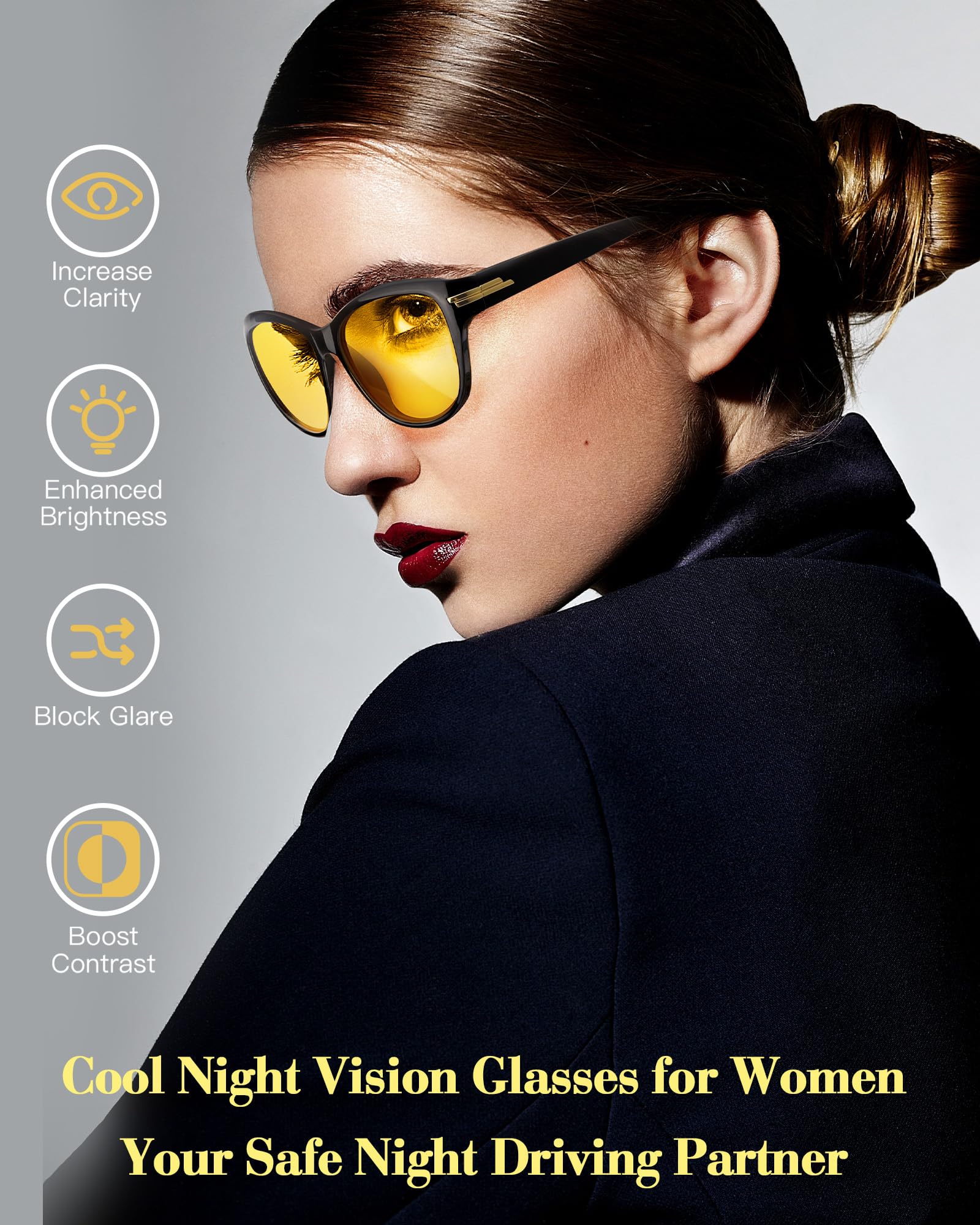 FIMILU Polarized Night Vision Driving Glasses for Women - Anti Glare Yellow Tinted Lens, Trendy Designer Eyewear for Night Driving & Low Light Conditions - Perfect for Commuting, Road Trips and Evening Activities