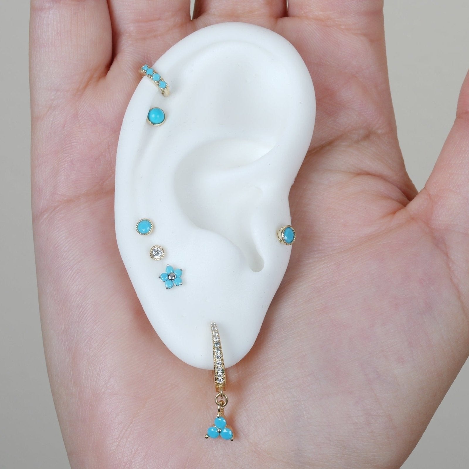 14K Yellow Gold Round Turquoise Cabochon Stud Earrings - Flat Back Bezel Set for Everyday Wear & Boho Jewelry