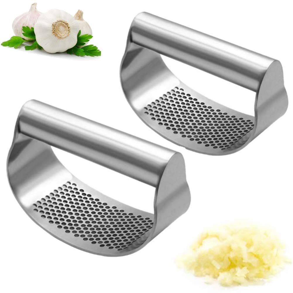 Premium Stainless Steel Garlic Press Rocker - Arc Shape Design for Effortless Crushing & Mincing - Includes 2 Pack Garlic Peeler & Chopper - Perfect for Cooking, Meal Prep & Professional Kitchens