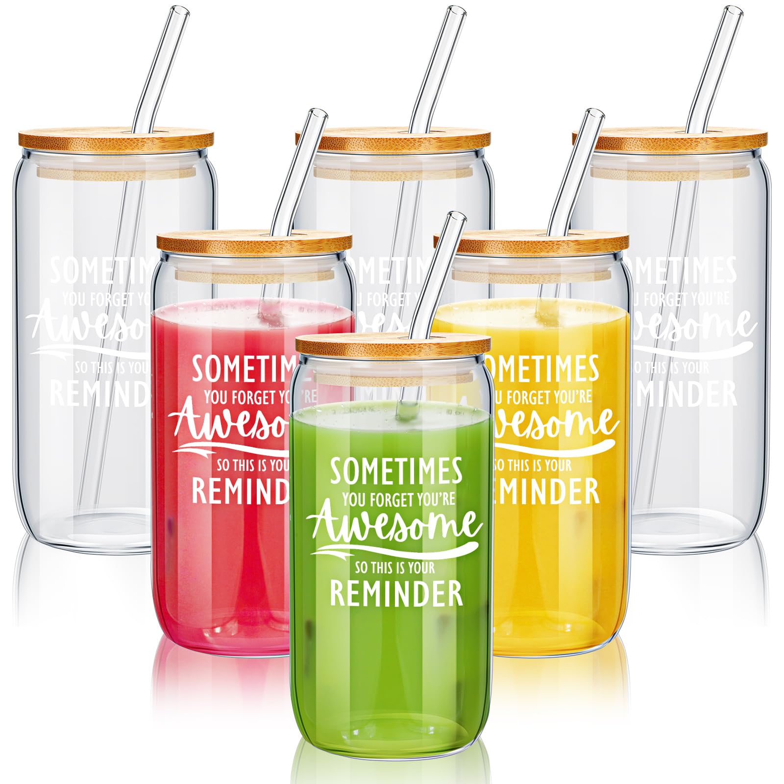 Tanlade 6 Pack 16oz Inspirational Glass Coffee Cups with Lids & Straws - Employee Appreciation Gifts, Thank You Gifts for Friends, Coworkers, Teachers (Awesome) - Perfect for Office, Home, and Daily Motivational Drinks