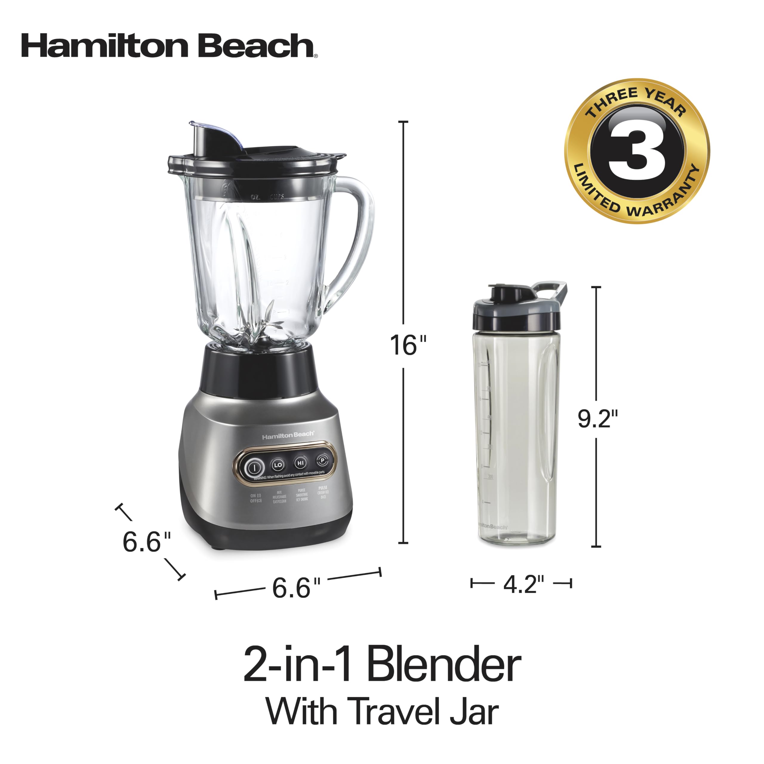 Hamilton Beach Wave Action Blender 800W - Stainless Steel Ice Crushing Blades, 40oz Glass Jar & 20oz Travel Jar - Perfect for Smoothies, Shakes, Protein Drinks - Quiet Design, Gray (58181) - Ideal for Home Kitchen, Gym, Office & Healthy Lifestyle