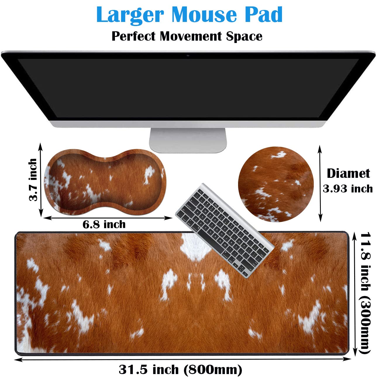 3-Piece Premium Mouse Pad Set - Large Anti-Slip Desk Mat with Stitched Edges, Memory Foam Wrist Rest & Coaster - Cowhide Leopard Brown Design for Office & Home Use - Perfect for Gaming, Work & Computer Comfort