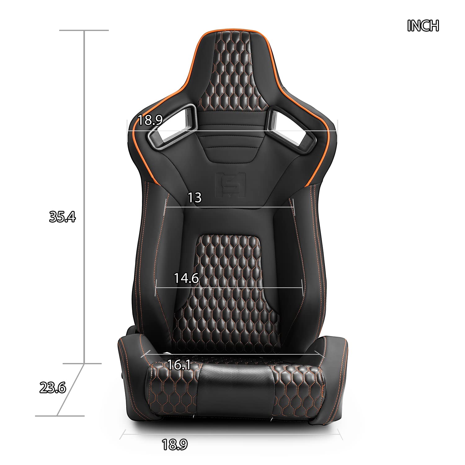 Pair of All Black PVC & Orange Snake Pattern Racing Seats with Carbon Fiber Style Leather & Sliders - Reclinable Bucket Seats for Sports Cars & Gaming Chairs