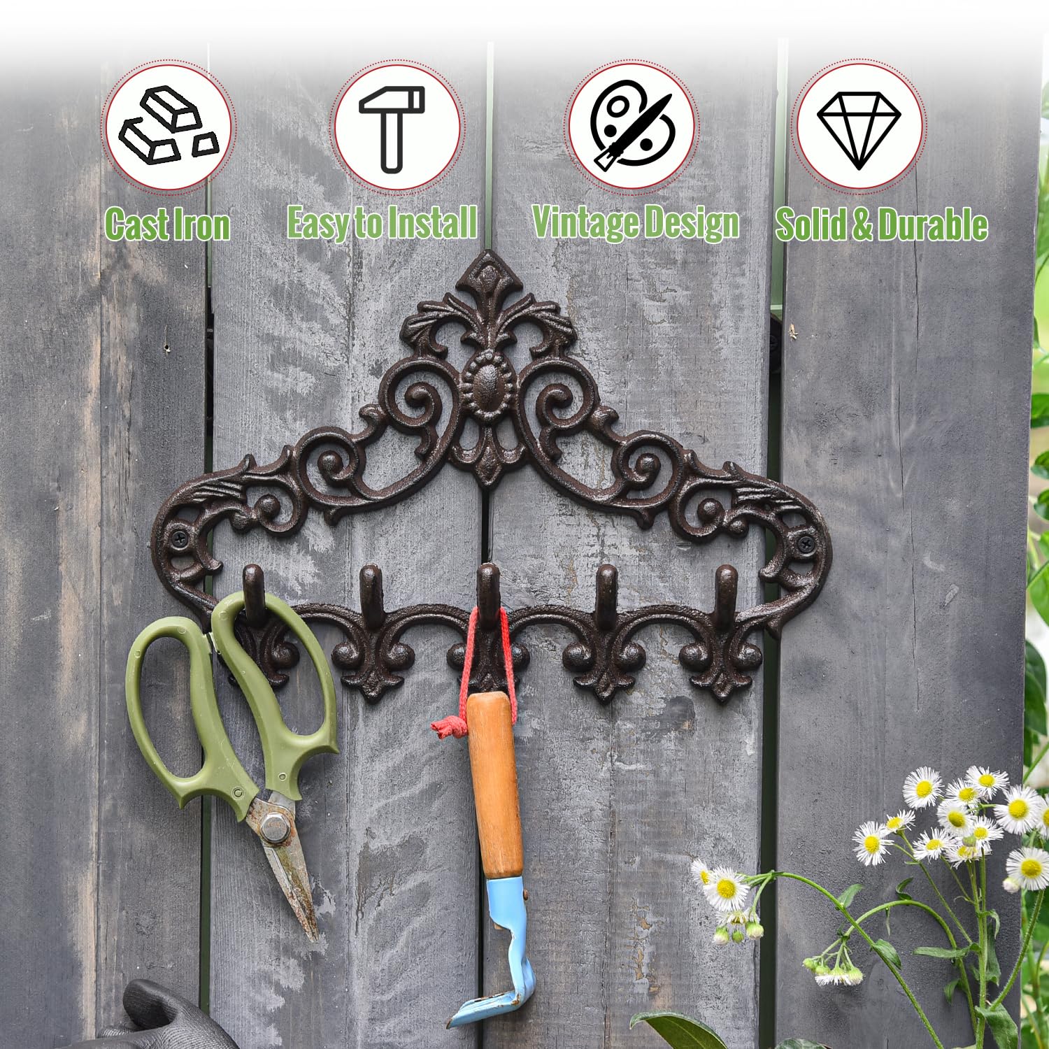 5-Hook Sungmor Cast Iron Wall Hanger - Rustic Coat & Key Organizer with Decorative Pattern - Perfect for Entryway, Mudroom & Bedroom Storage