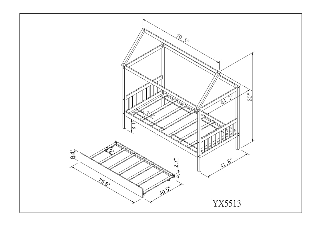 Twin Size House Bed with Trundle - Wooden Platform Bed Frame for Kids, Girls & Boys - Pink Children's Bedroom Furniture for Playtime & Sleepovers