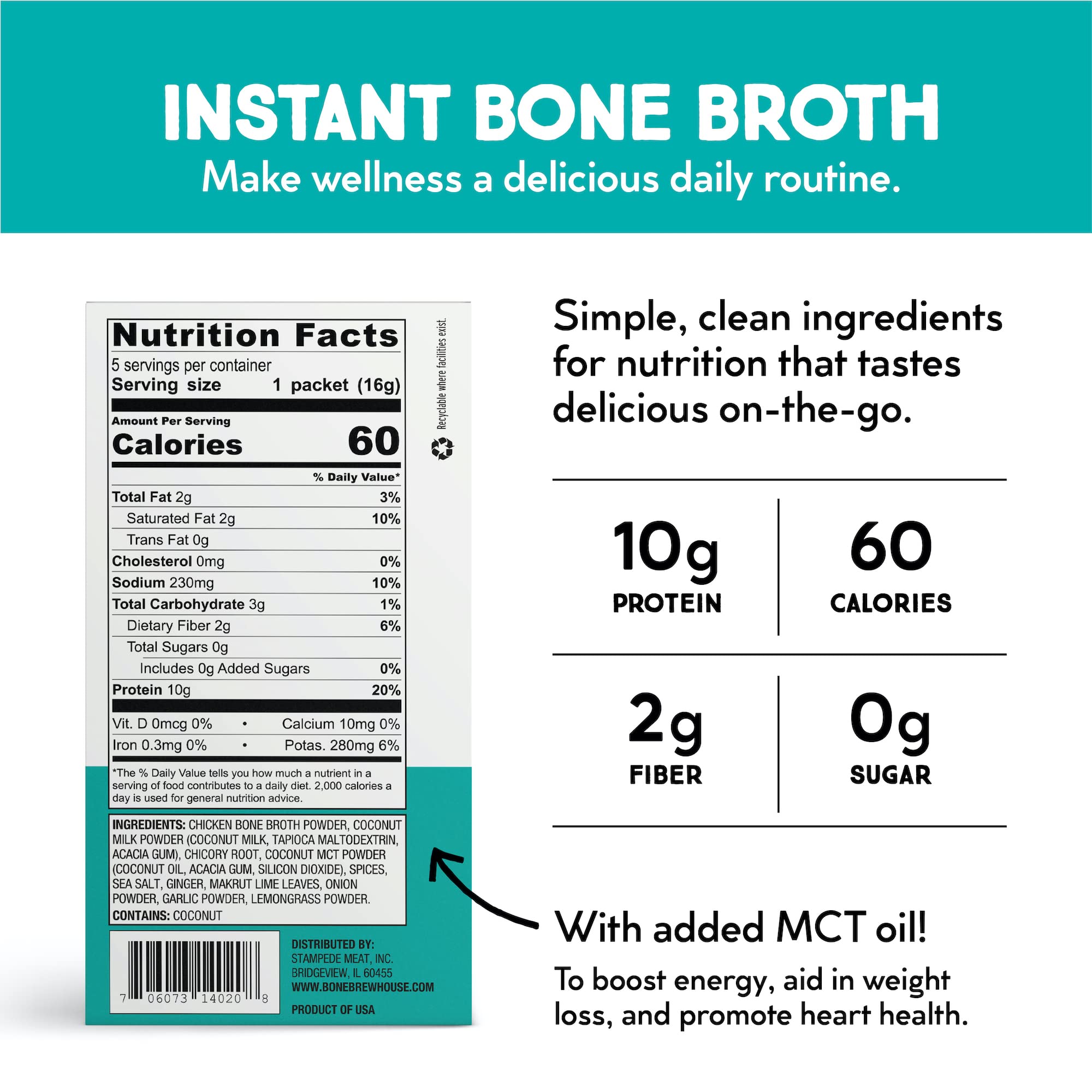 Bone Brewhouse Chicken Bone Broth Protein Powder - Thai Coconut Flavor | Keto, Paleo Friendly Instant Soup | 10g Protein, Natural Collagen | Gluten-Free, Dairy-Free (5 Servings) - Perfect for Post-Workout Recovery, Keto Diet & Healthy Cooking