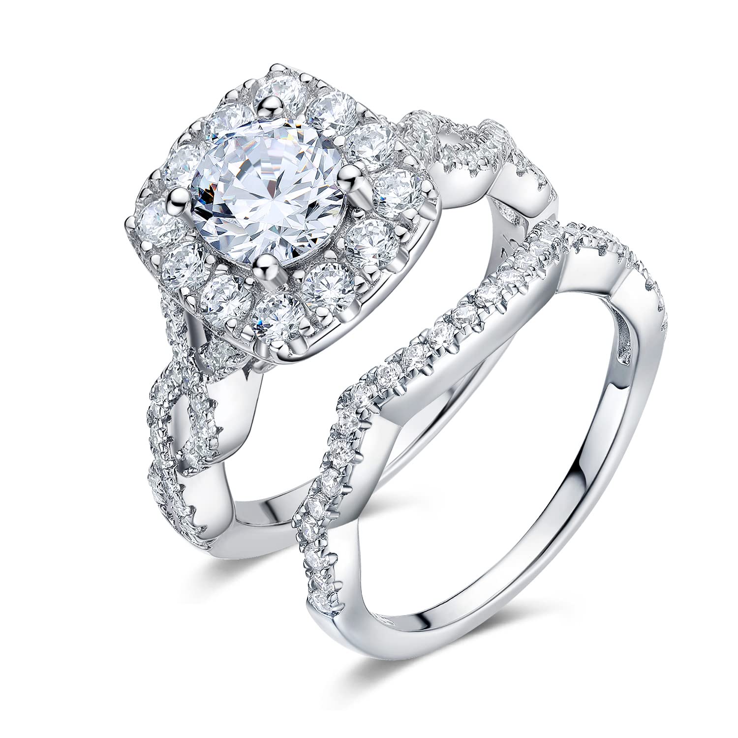 TIKJE 925 Sterling Silver Halo Engagement Rings Set for Women - Two/Three-in-One Promise & Eternity Wedding Bands (Size 6-8) - Perfect for Bridal, Anniversary Gifts & Everyday Elegant Jewelry