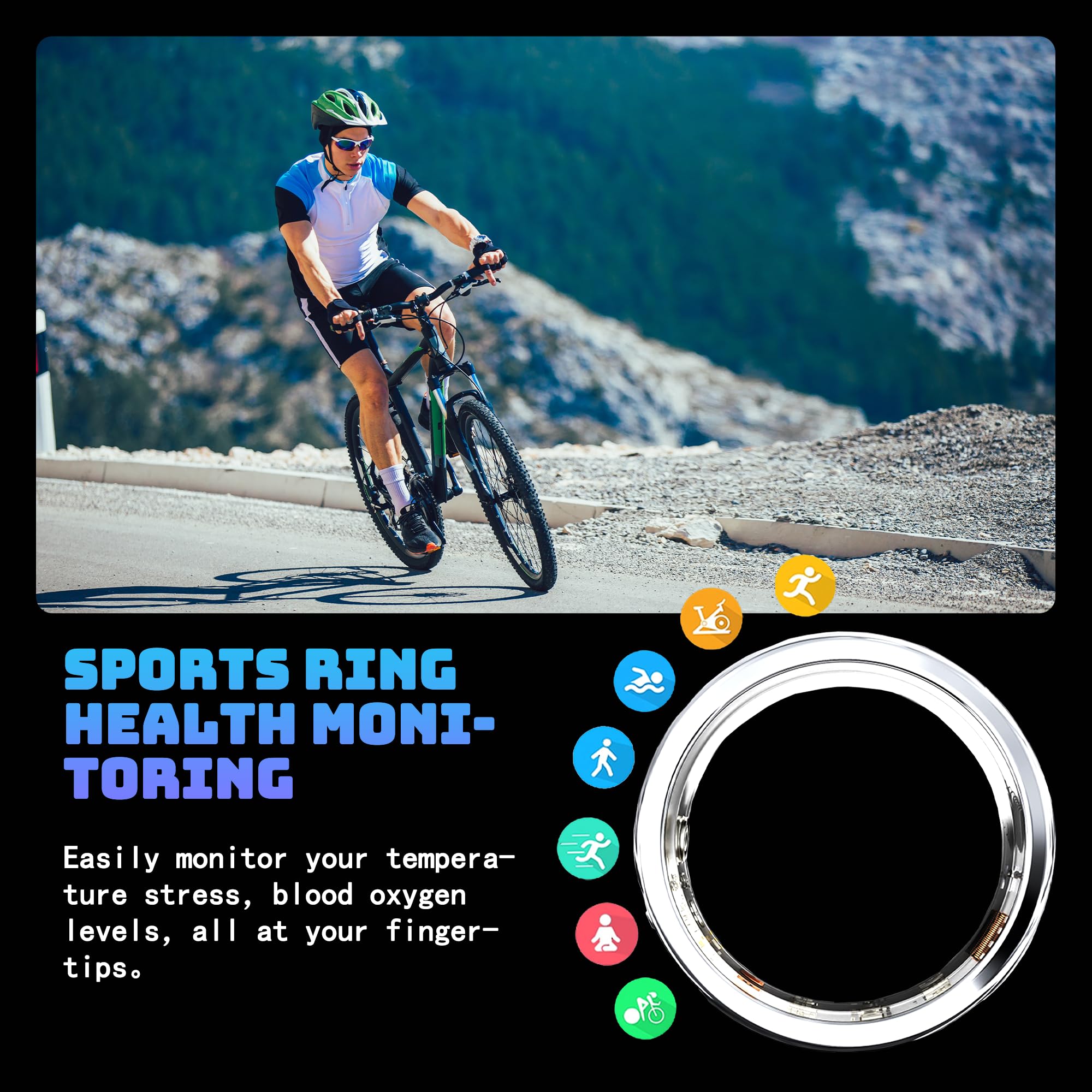 Smart Ring Fitness Tracker - Heart Rate, Blood Oxygen & Sleep Monitor with Blood Pressure Tracking, IP68 Waterproof, iOS/Android Compatible, Remote Camera Control & Family Care Features - Diamond Style Fashion Accessory for Workouts, Sleep Analysis & Daily Health Monitoring (Size 10)