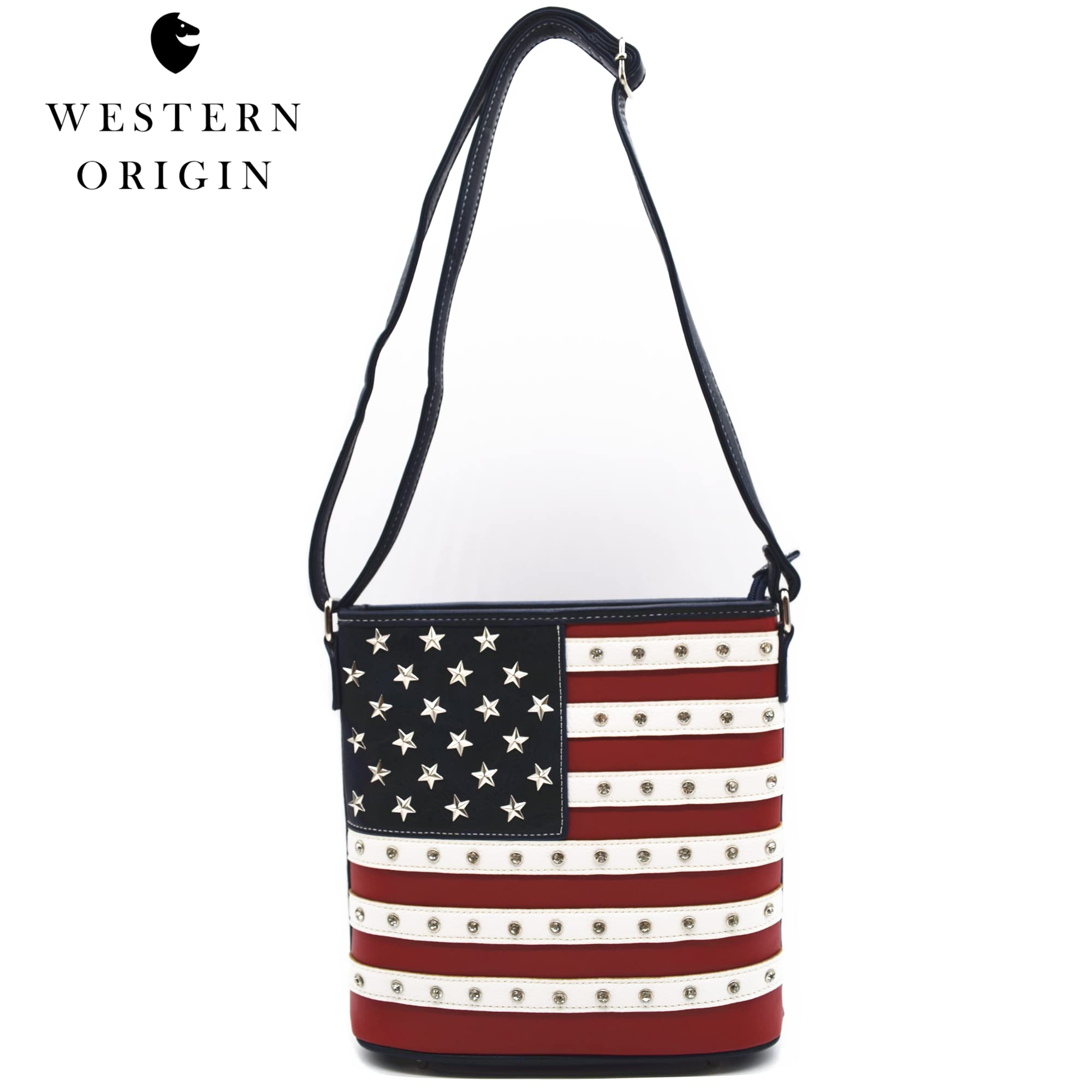 Western Origin American Flag USA Patriotic Purse - Women's Stars & Stripes Shoulder Bag with Studs & Crossbody Wallet in Blue | Perfect for 4th of July, Patriotic Events & Everyday Use