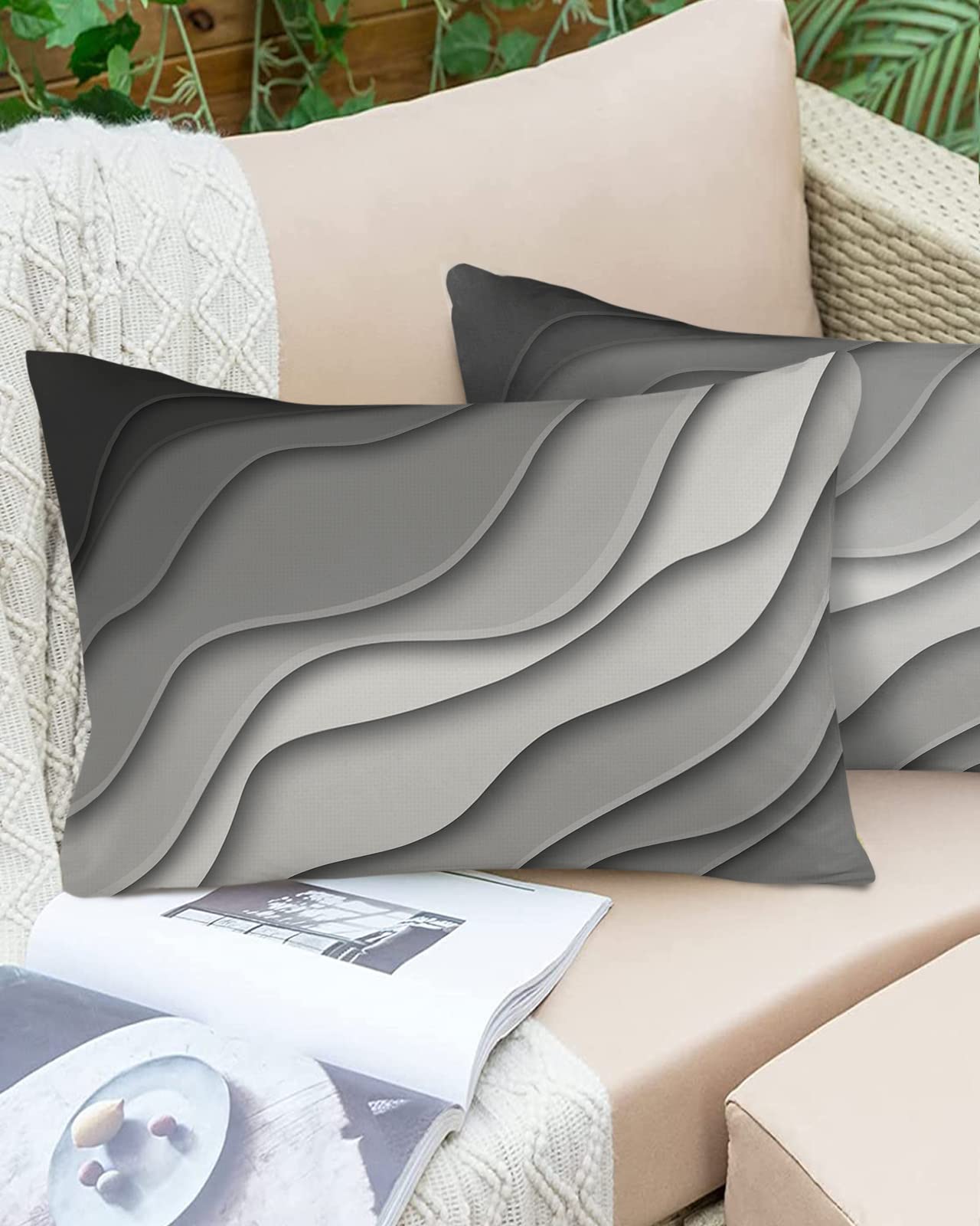 Waterproof Outdoor Throw Pillow Cover Set of 2 - Gray Modern Geometric Lumbar Pillowcases 20x12 Inches, Abstract Beach Decor for Patio Furniture, Couch & Garden - Perfect for Outdoor Living, Poolside Lounging & Coastal Home Decor
