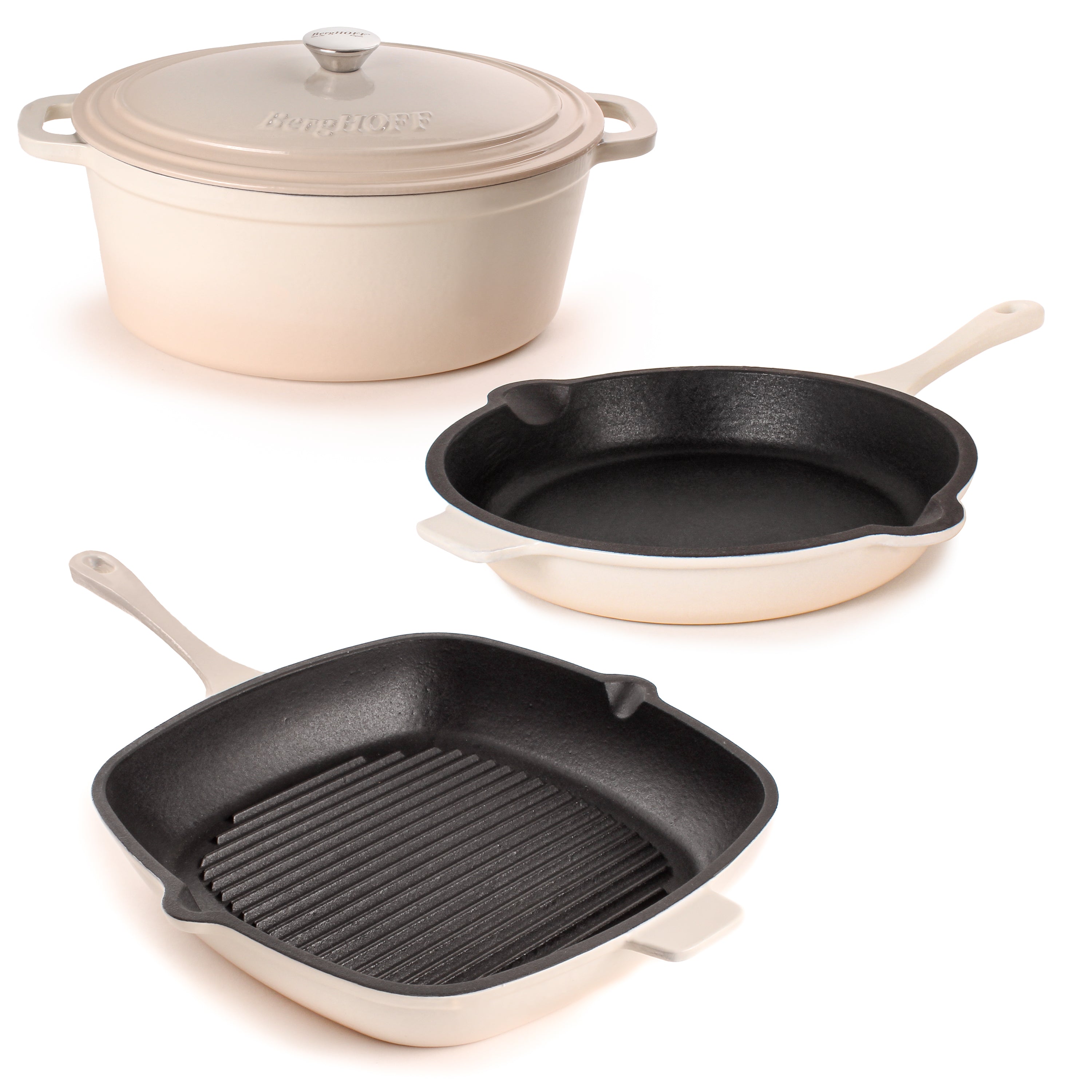 BergHOFF Neo 4-Piece Cast Iron Cookware Set - Grill Pan, Fry Pan & Oval Dutch Oven with Enamel Coating | Perfect for Stovetop, Oven & Outdoor Cooking | Durable Non-Stick Kitchenware for Grilling, Frying & Braising
