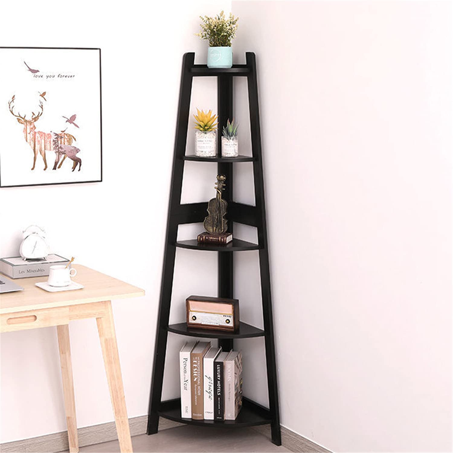5-Tier Heavy Duty Industrial Storage Rack - Black Metal Corner Shelf, Plant Stand & Ladder Bookcase - Space Saving Organizer for Home, Living Room, Bedroom, Balcony - Perfect for Storing Books, Plants, Decor & More
