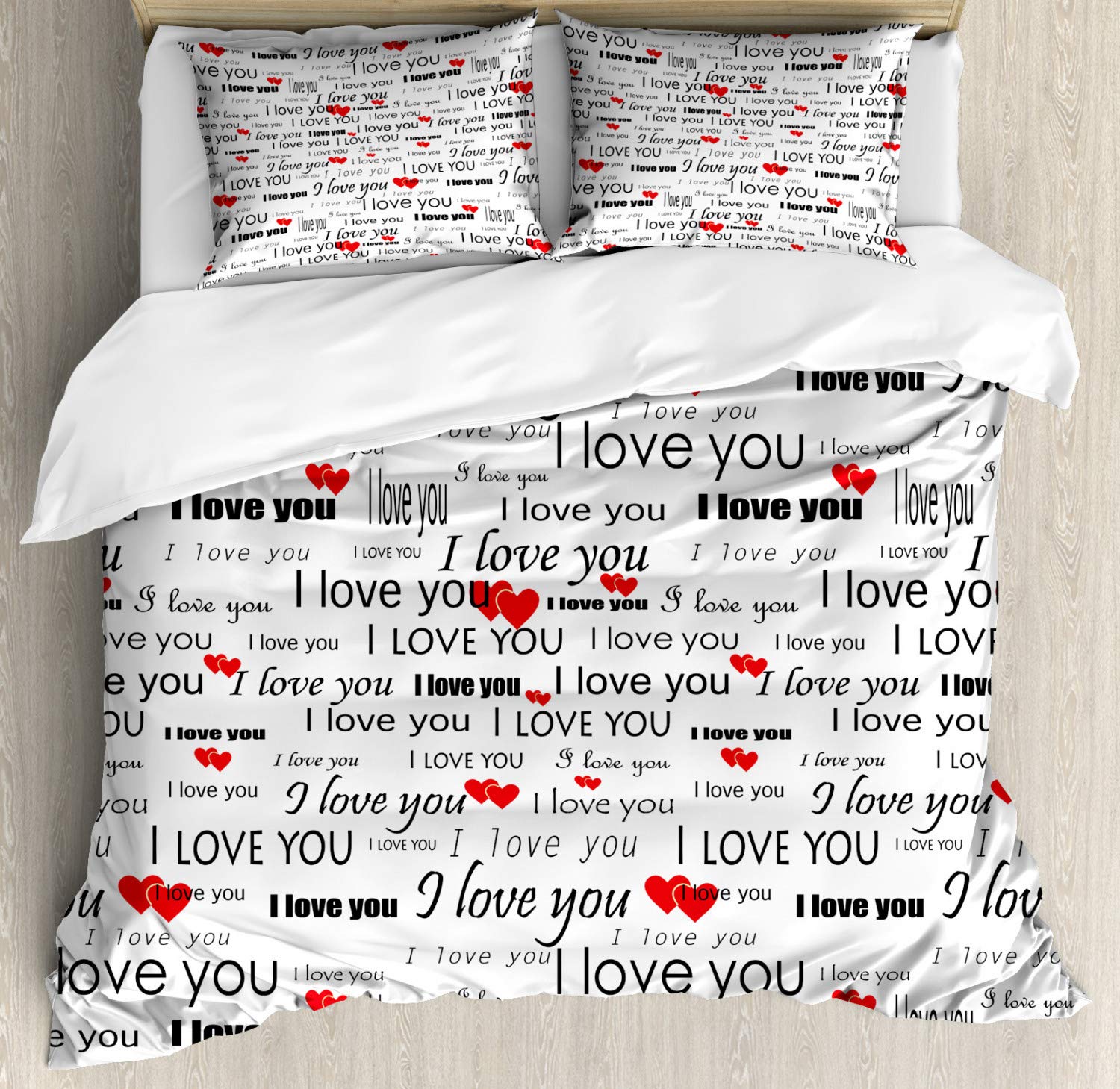 Ambesonne Romantic Duvet Cover Set - 'I Love You' Hearts Design for Couples | Valentine's Day Bedding | 3-Piece California King Set with 2 Pillow Shams in Vermilion, Black & White | Perfect for Anniversary Gifts, Wedding Decor & Cozy Bedroom Makeovers