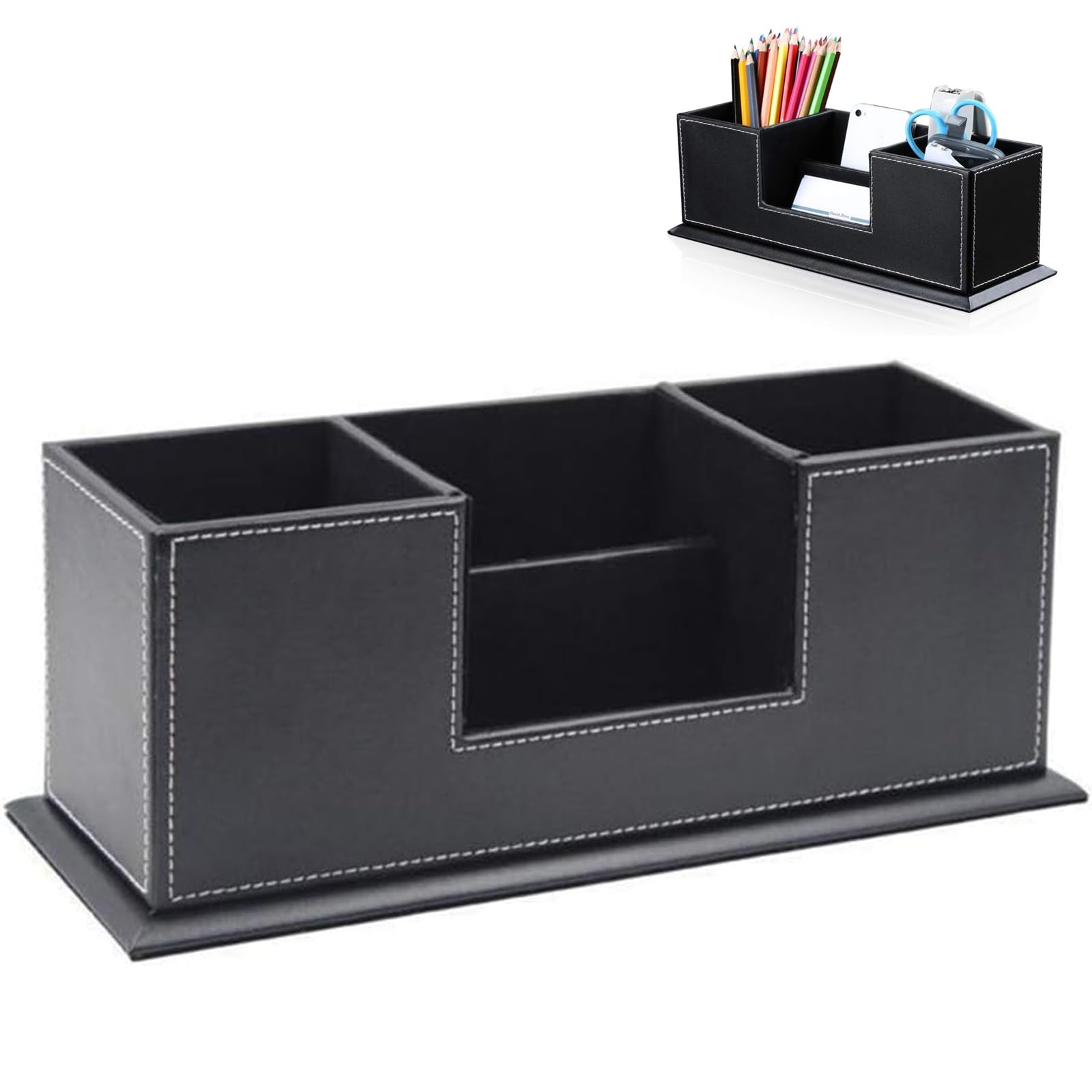 Premium PU Leather Desk Organizer - Stylish Pen & Pencil Holder for Office Supplies, Business Cards, Remote Controls (Black, 11.6