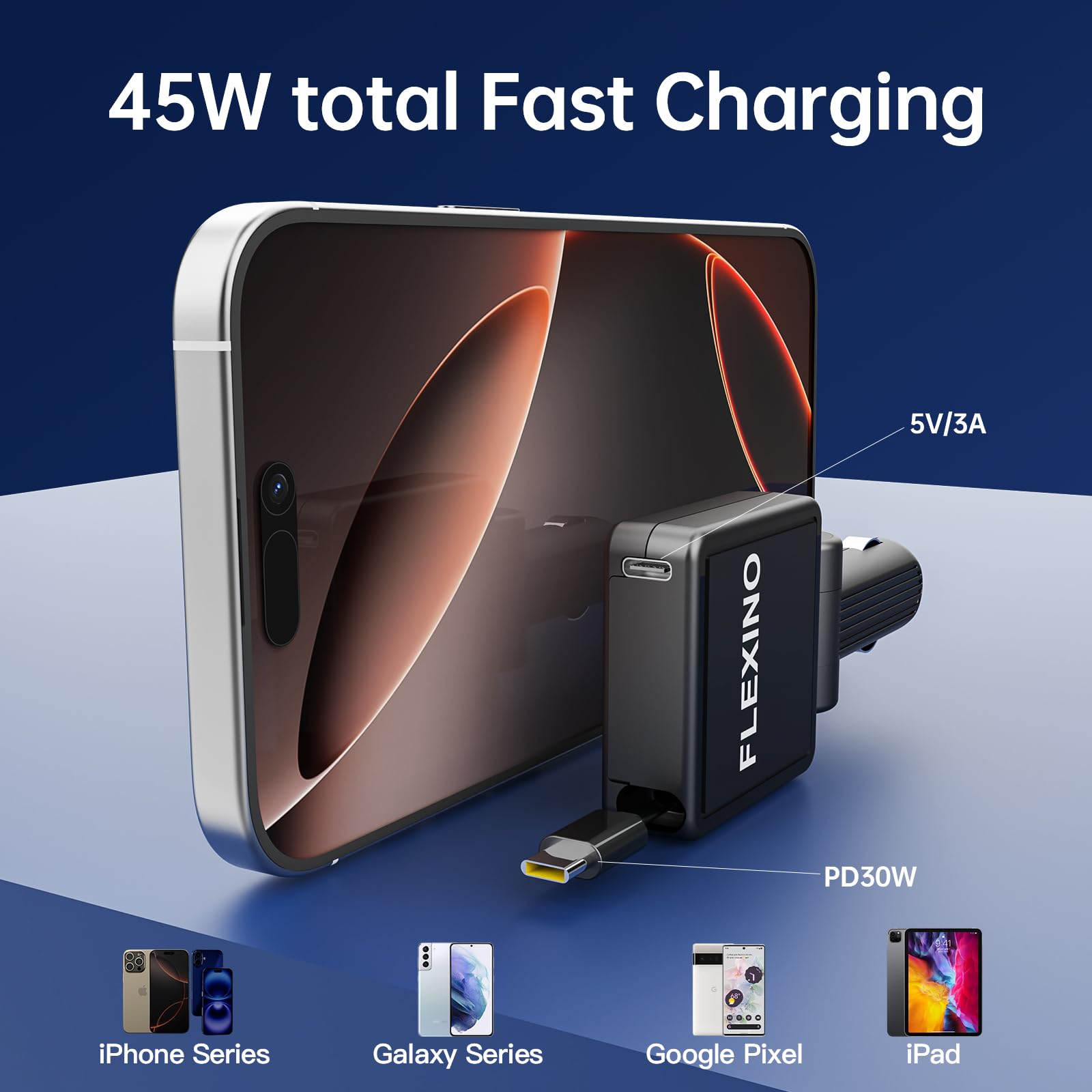 Ultra-Slim Flexino 45W Fast Car Charger with Retractable 2.6ft USB-C Cable - Compatible with iPhone 16/15 & Galaxy - 2 Pack Black - Perfect for Road Trips & Daily Commutes
