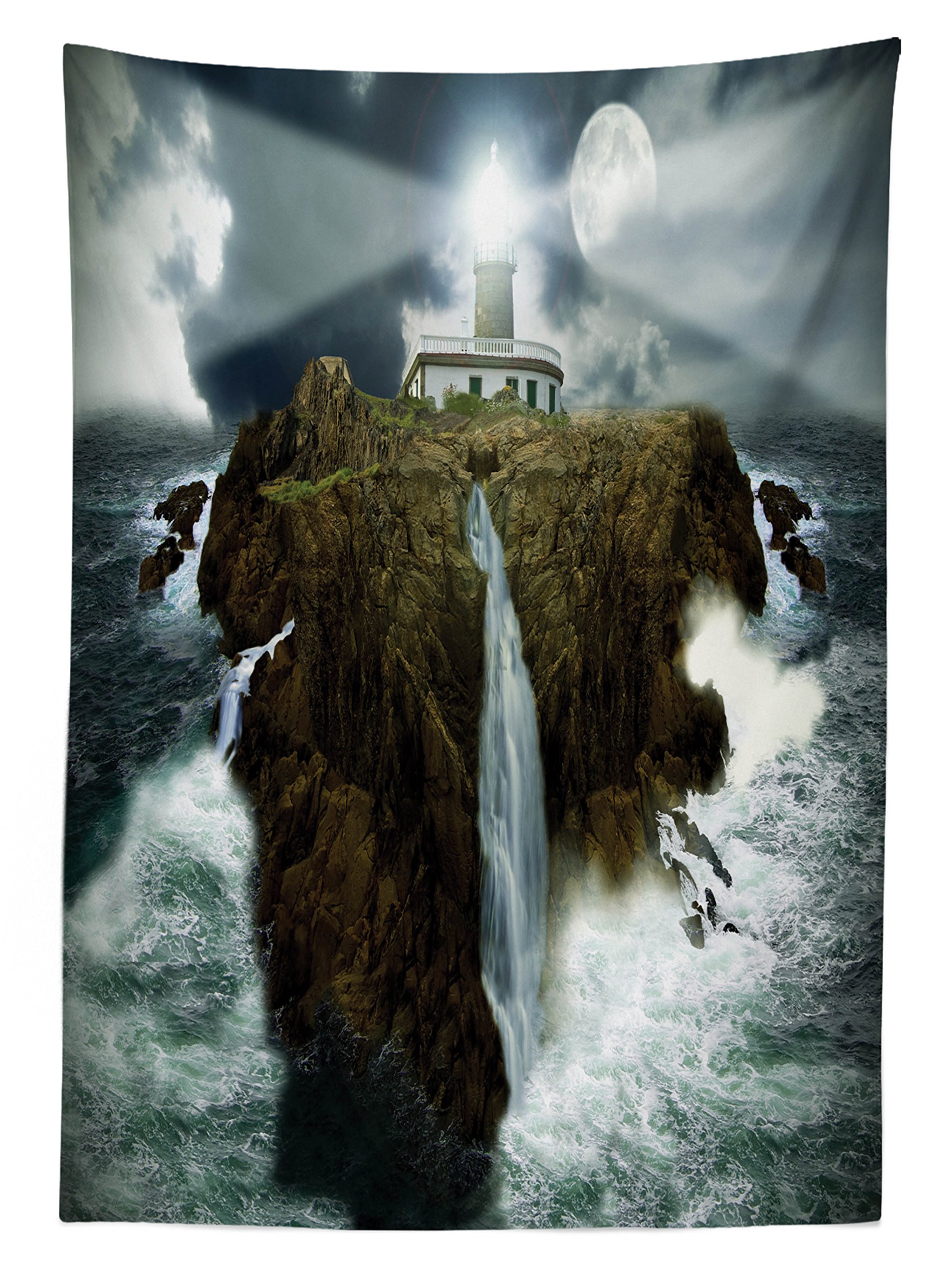 Ambesonne Waterproof Outdoor Tablecloth - Lighthouse Island Design with Stormy Sea, Crashing Waves & Moon Beams - 58