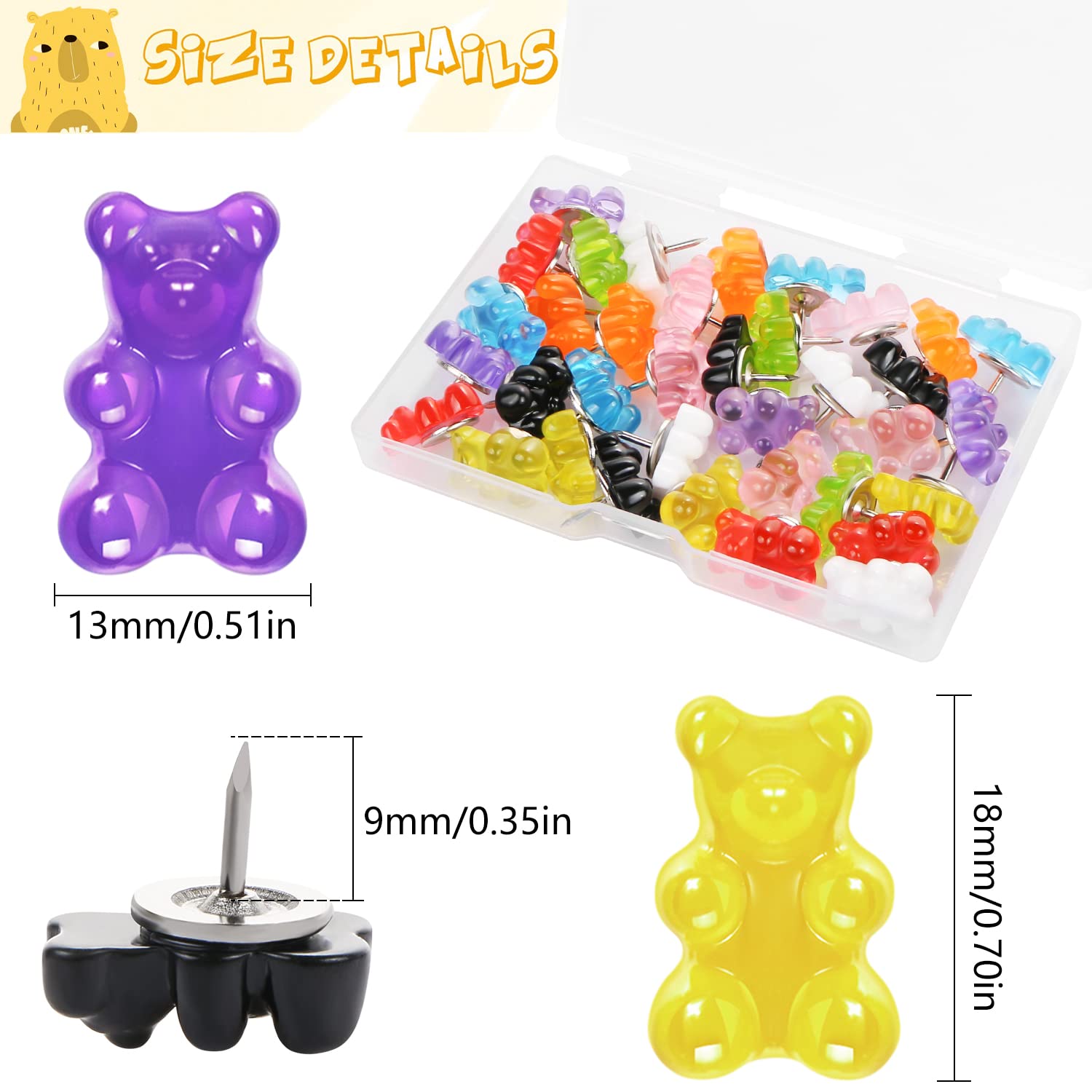 36 Pcs Resin Candy Gummy Bear Push Pins - Decorative Cute Thumb Tacks for Bulletin Boards, Cork Boards & Office Walls - Fun Office Supplies for Photos, Notes & DIY Projects