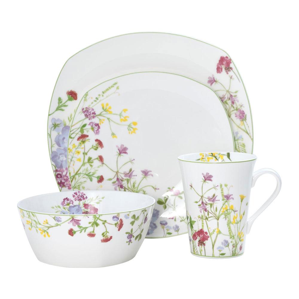 16-Piece Wildflower Garden Square Dinnerware Set - Service for 4, Floral Printed Stoneware Plates & Bowls - Perfect for Spring Brunch, Outdoor Picnics & Farmhouse Dining