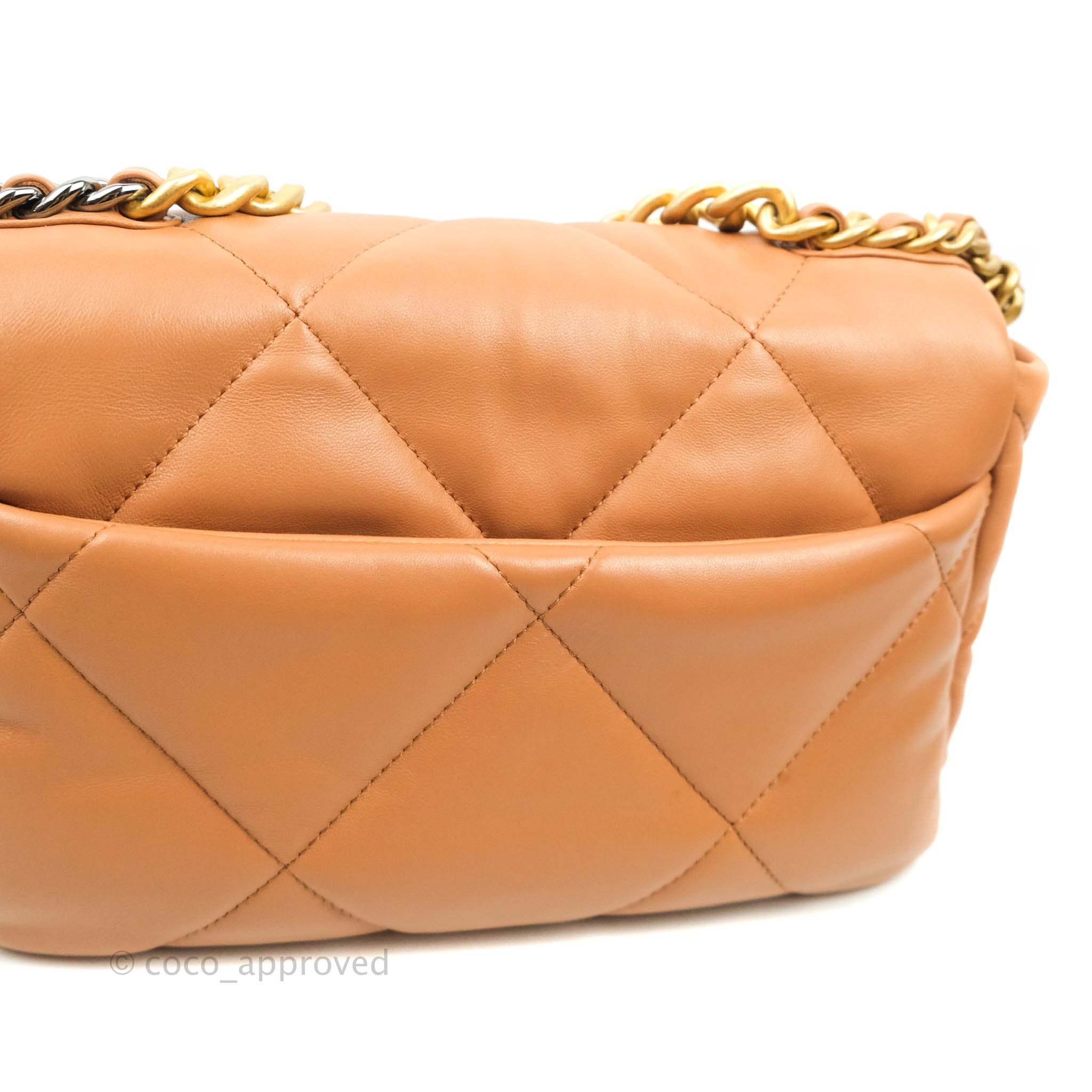 Authentic Chanel 19 Small Handbag in Caramel Dark Beige Lambskin with Mixed Hardware - 21K Collection | Luxury Crossbody Bag for Women, Perfect for Date Night & Special Occasions