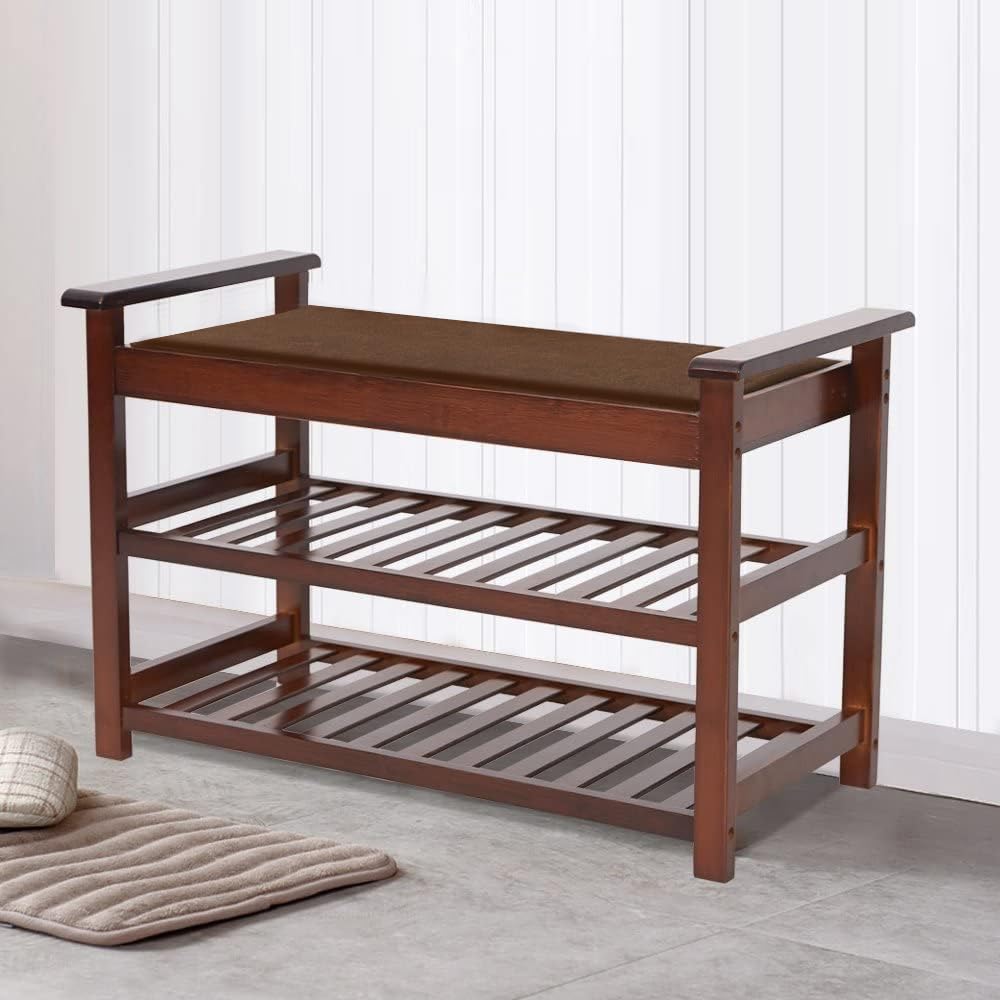 2-Tier Bamboo Shoe Rack Bench with Cushion - Sturdy Entryway Storage Organizer for Shoes | Hallway, Bathroom & Living Room Seating Solution | Space-Saving Shoe Stool for Small Spaces (Brown)