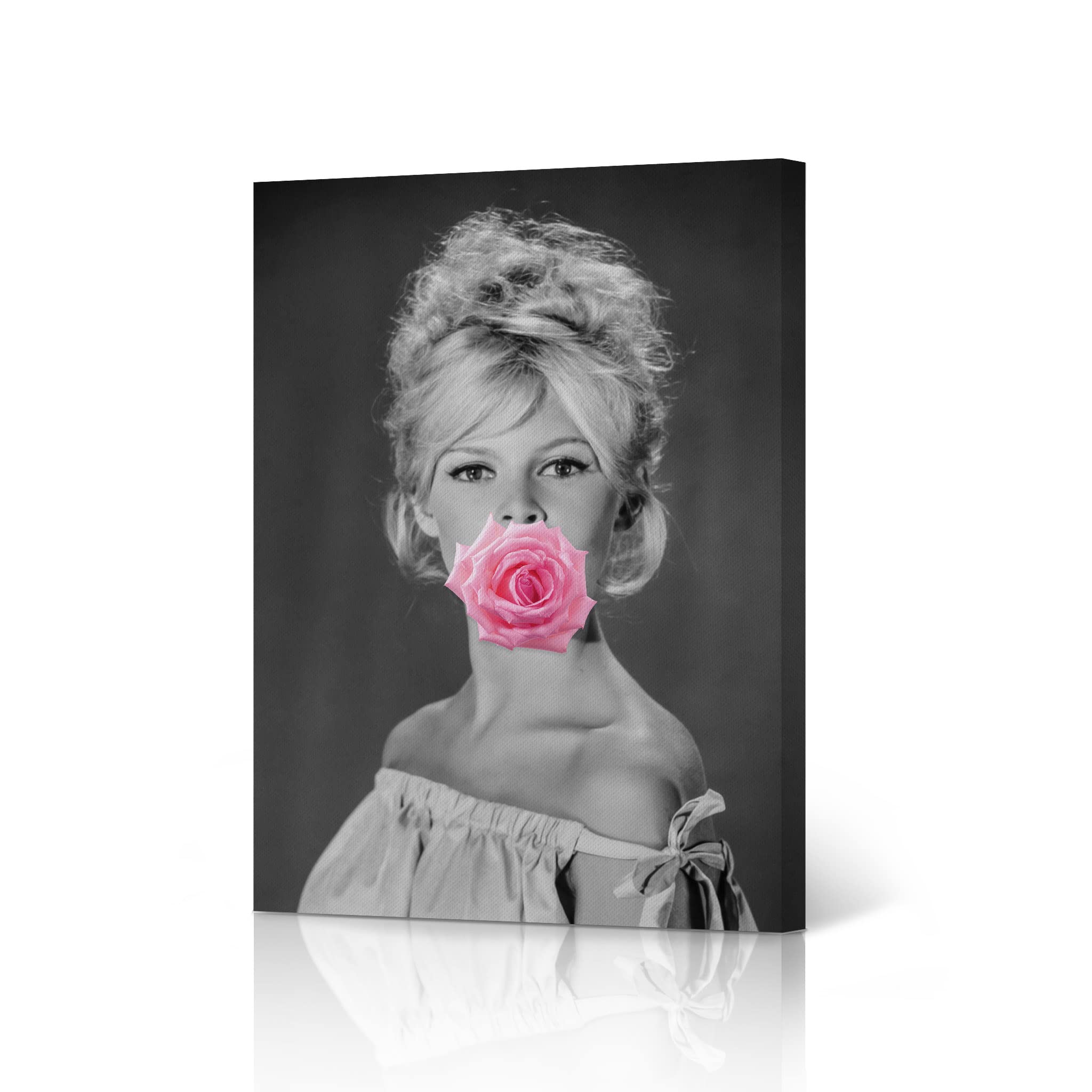 HB Art Design Brigitte Bardot Black and White Portrait with Pink Blooming Rose - Vintage Pop Art Canvas Wall Decor (40x30 inches) | Perfect for Bedroom, Living Room & Vanity Room Decor | Ready to Hang Modern Home Art Print
