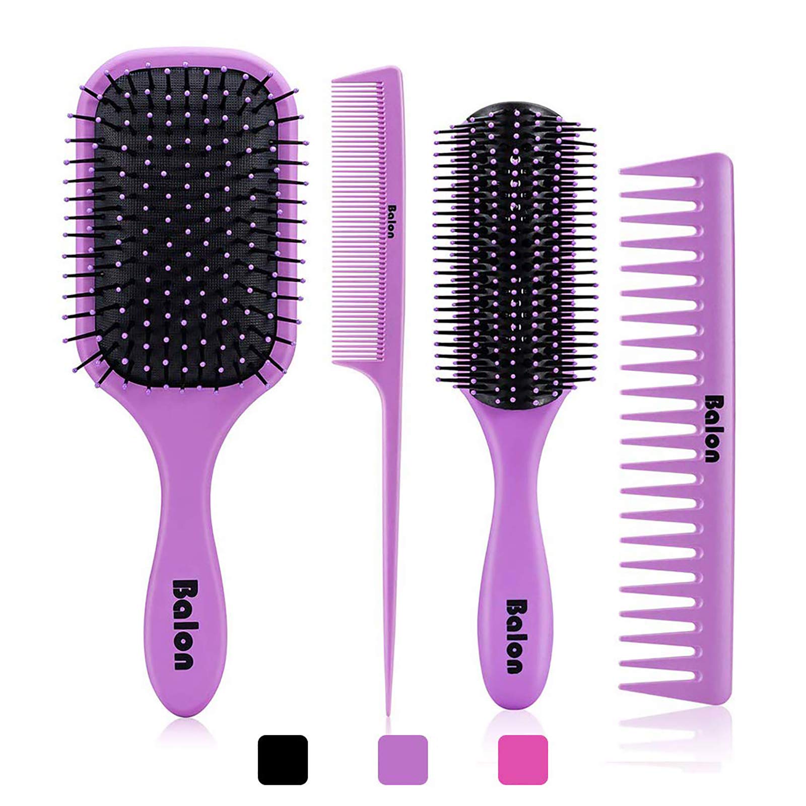 4Pcs Hair Brush Set for Women - Detangling Paddle Brush & Comb for Wet or Dry Hair - No Tangle Hair Care for Straight, Long, Thick, Curly & Natural Hair (Purple) - Perfect for Daily Styling, Salon Use & Travel Essentials