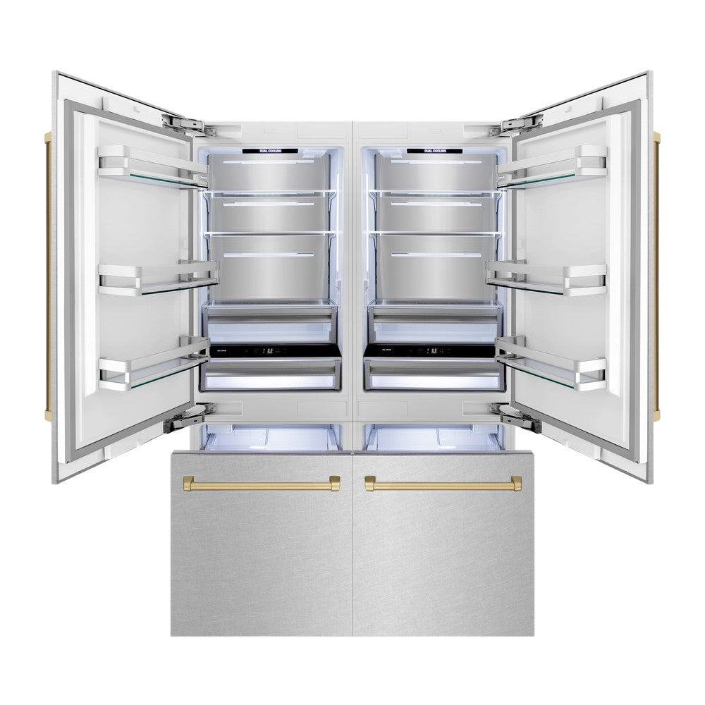 ZLINE Autograph Edition 60-Inch French Door Built-In Refrigerator with Bottom Freezer - 32.2 cu.ft Capacity, Water Dispenser & Ice Maker - Satin Stainless Steel with Champagne Bronze Accents (RBIVZ SN 60 CB) - Perfect for Modern Kitchens & Luxury Homes
