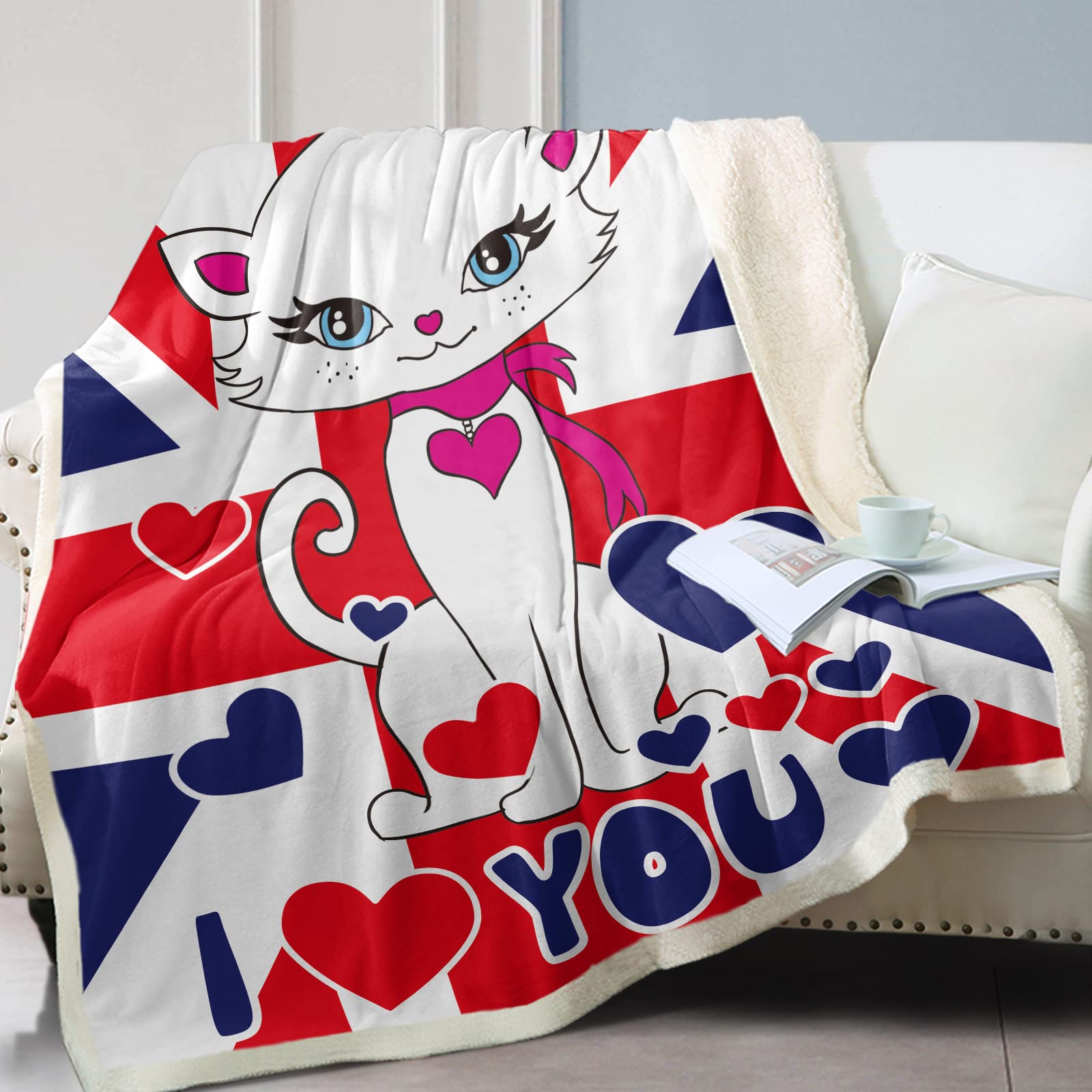 SOULZZZ Soft Fuzzy Cat Sherpa Blanket Throw - Cozy Valentine's Day Gift for Cat Lovers, Cute Kawaii Kitten Design, 50x60 Inches (British White Cat) - Perfect for Couches, Beds, and Winter Snuggles
