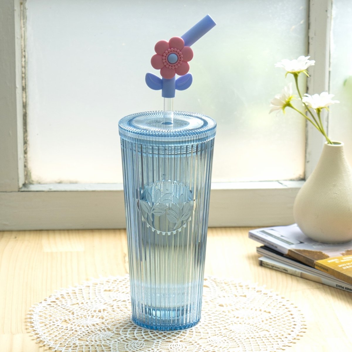 26oz Insulated Tumbler with Straw & Leak-Proof Lid - Cute Flower Silicone Straw Tips in Botanica Blue - Perfect for Iced Coffee, Smoothies & Outdoor Activities
