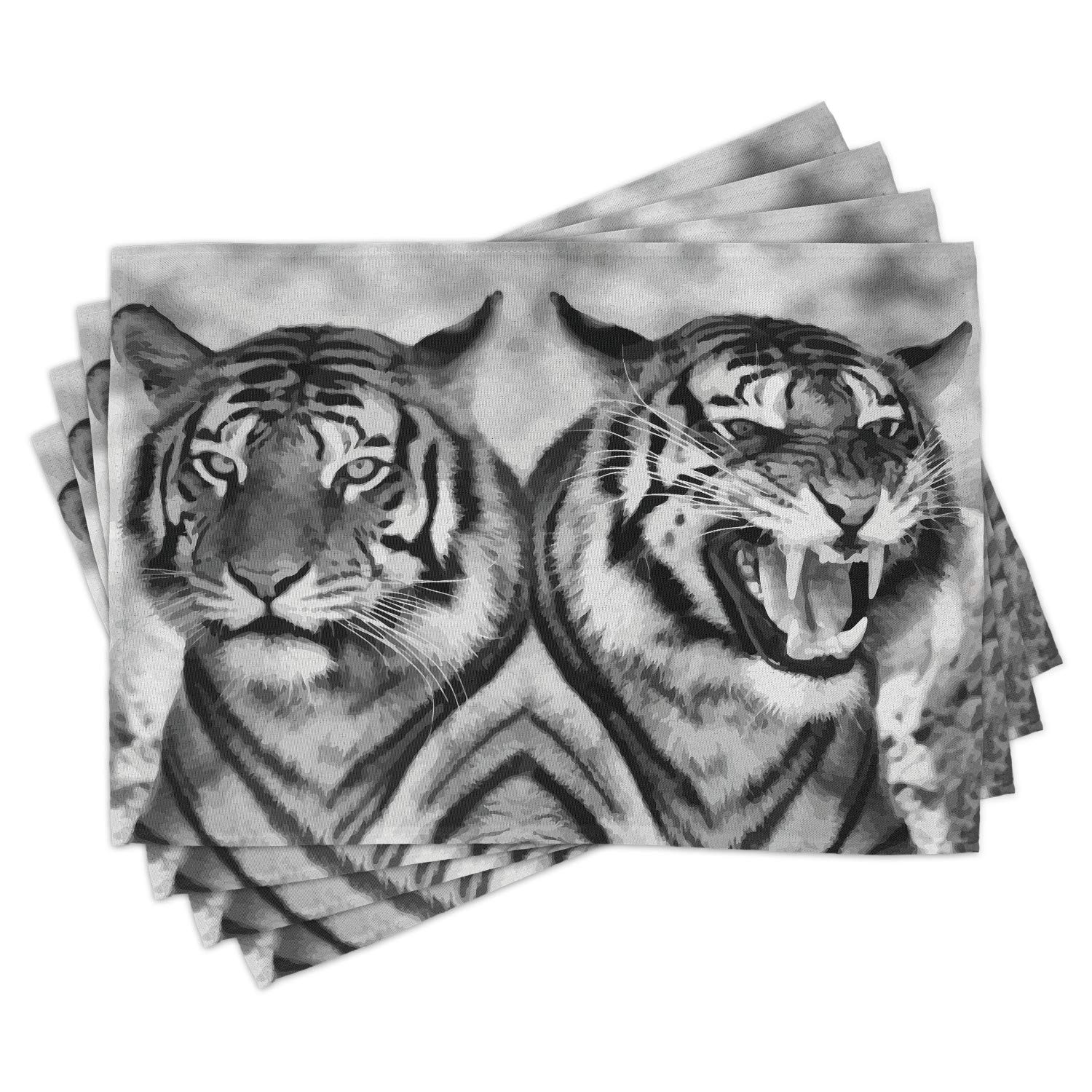 Ambesonne Savannah Cat Placemats Set of 4 - Fierce Wildlife Design with Mirror Images & Sharp Teeth - Washable Fabric Table Mats for Dining Room - Standard Size Pale Grey & Black - Perfect for Dinner Parties, Holiday Gatherings & Animal Lover Home Decor