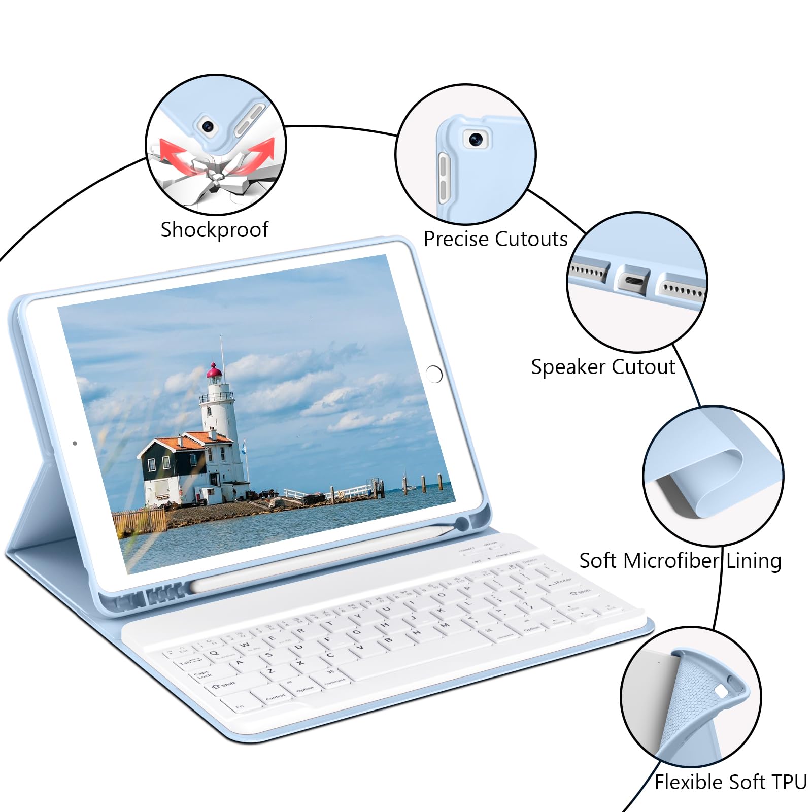 JKSML 9.7 Inch Bluetooth Keyboard Case for iPad 6th/5th Gen (2018/2017) & iPad Air 2/Air 1 - Detachable Rechargeable Keyboard with Pencil Holder, Auto Sleep/Wake Function - Perfect for Work, Study & Travel (Blue)