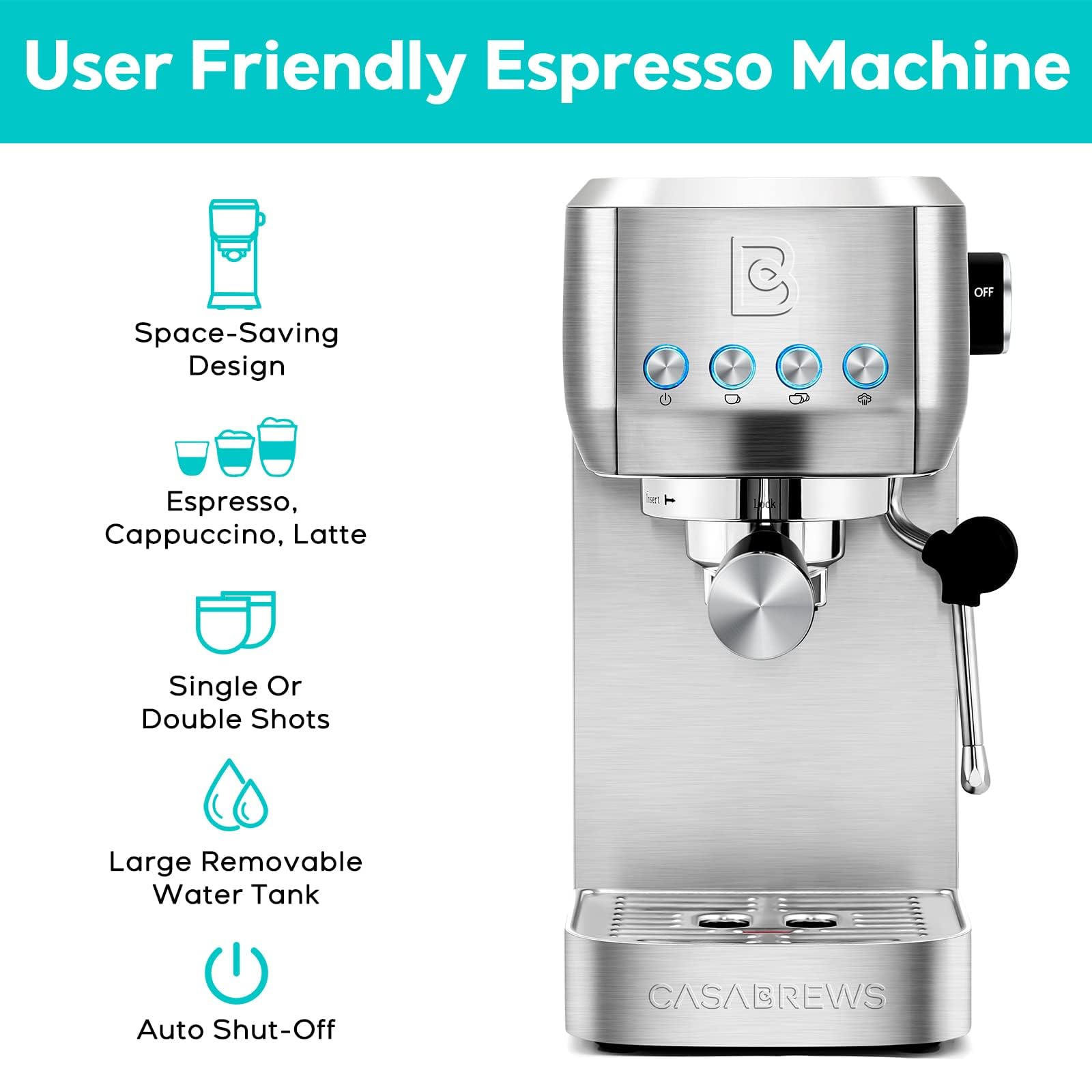 CASABREWS 20 Bar Espresso Machine - Professional Coffee Maker for Cappuccino & Latte with Steam Wand, Compact Design with 1.3L Removable Water Tank, Stainless Steel - Perfect for Home, Office & Coffee Shops