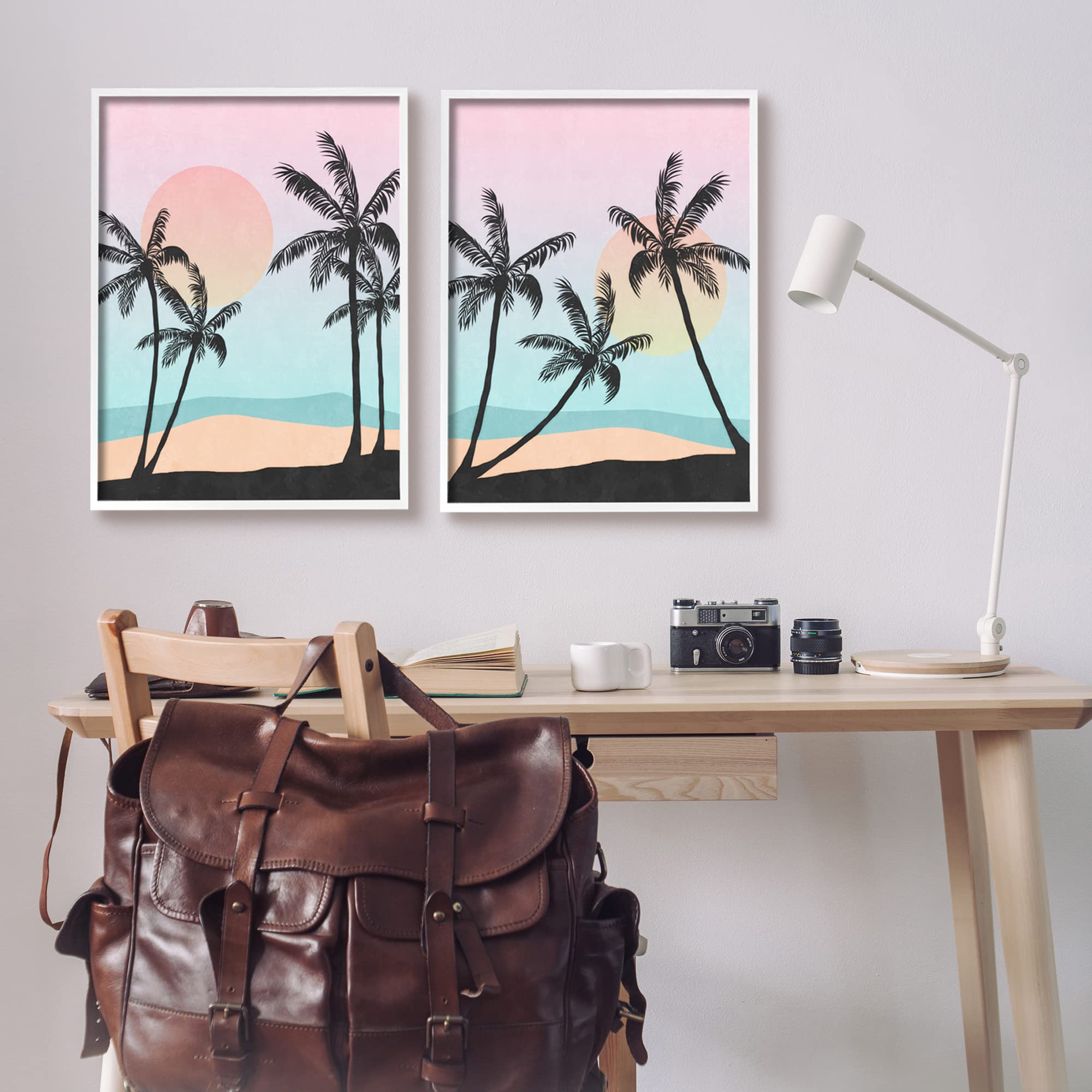 Tropical Sunset Sunrise Palm Tree Beach Illustration Wall Art - Coastal Decor by Nina Blue for Living Room, Bedroom & Office